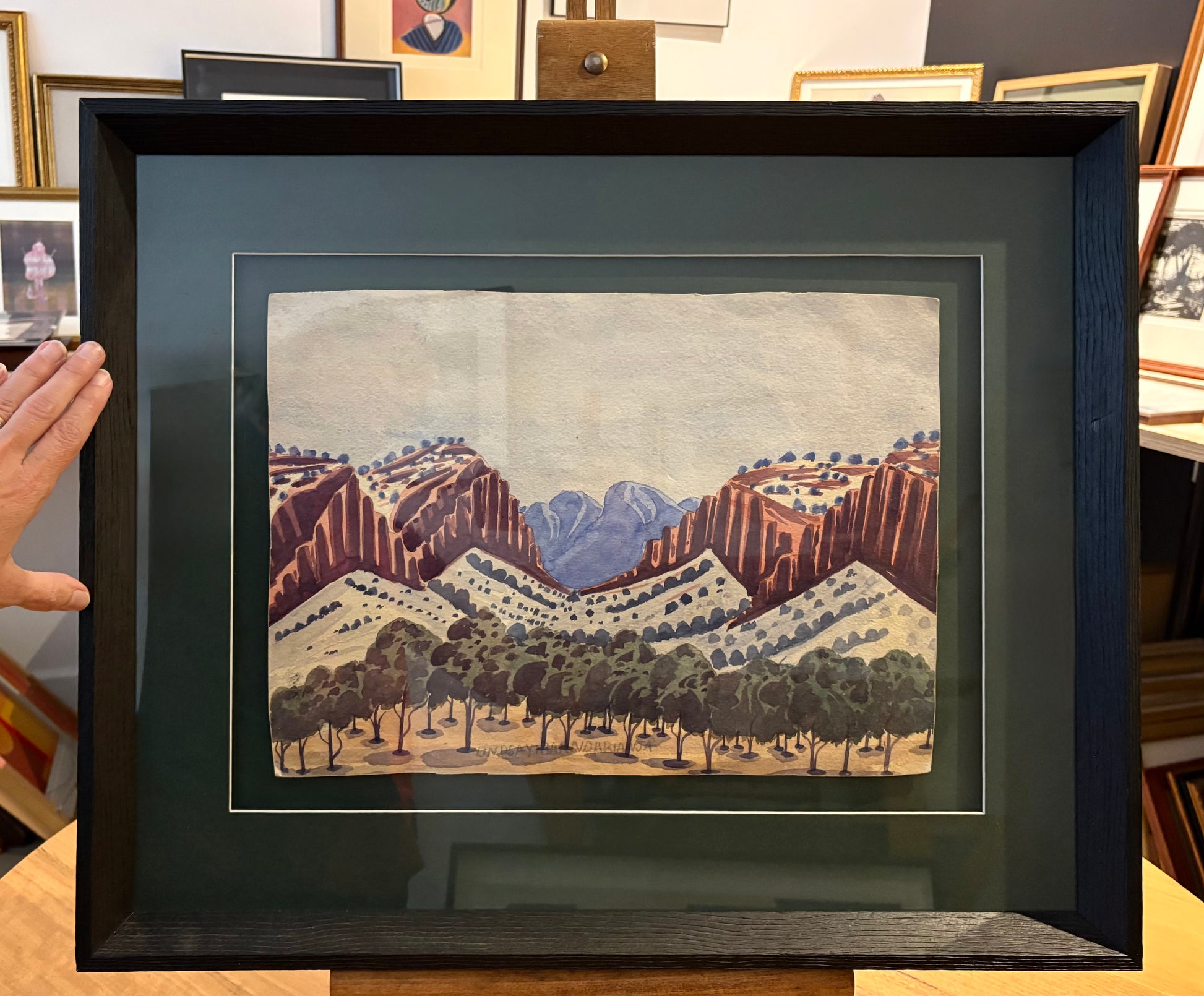Original 1950s Hermannsberg watercolour painting, Central Australia. Framed mid century landscape