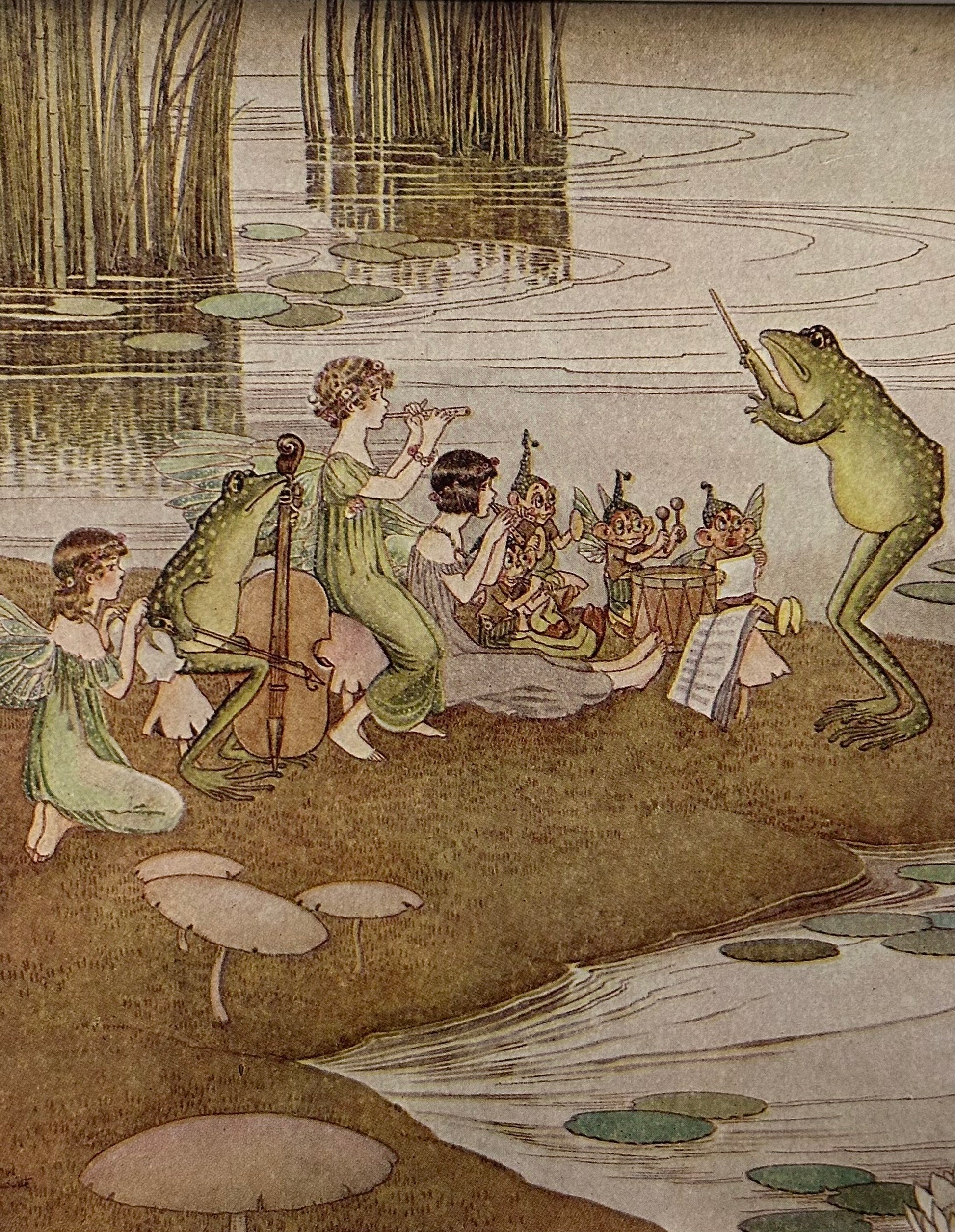 1921 Genuine antique print, Ida Rentoul Outhwaite, fairy with frog, gilt framed art