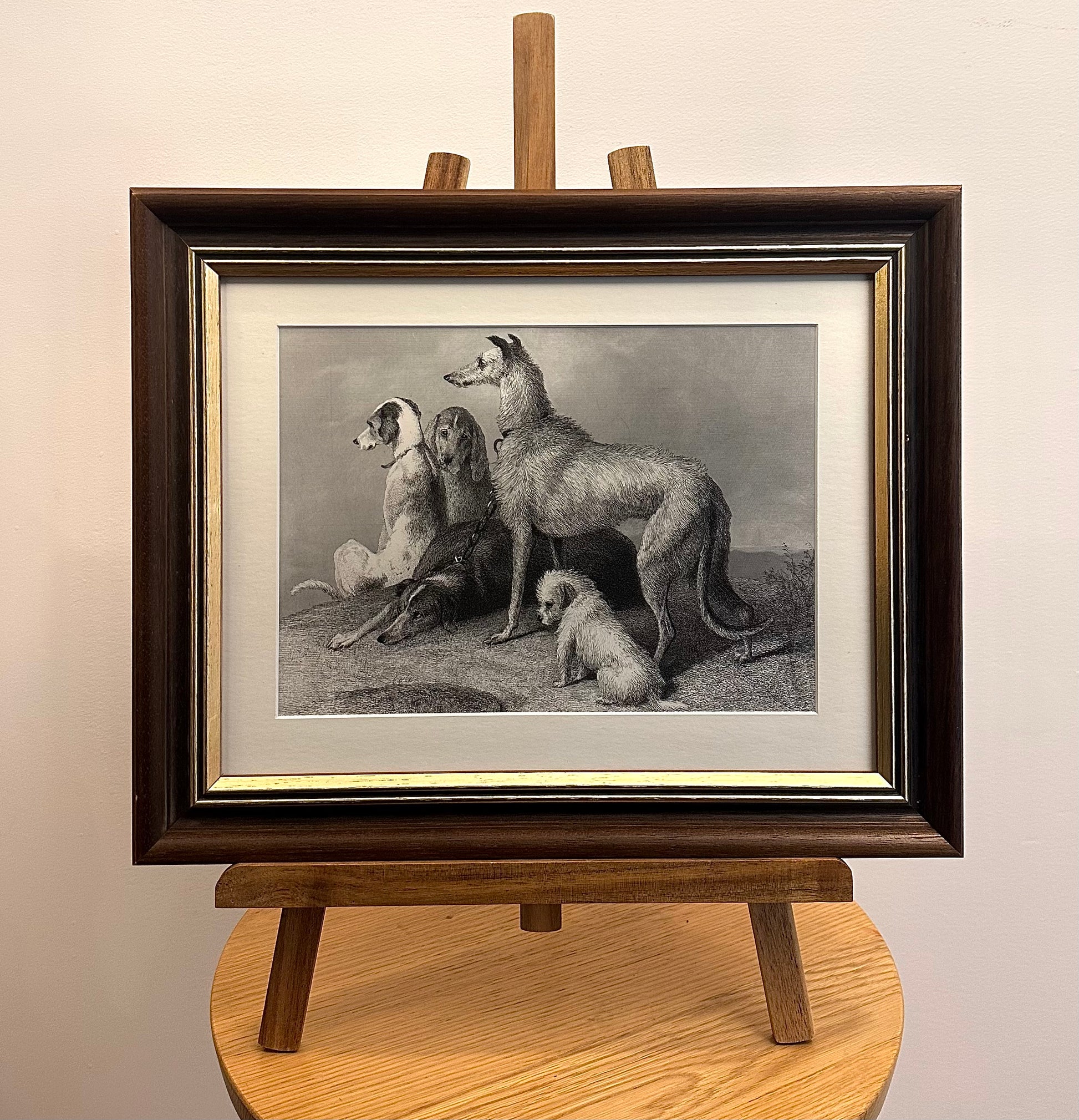 1870s antique engraving, Edwin Landseer, hunting dogs, framed art