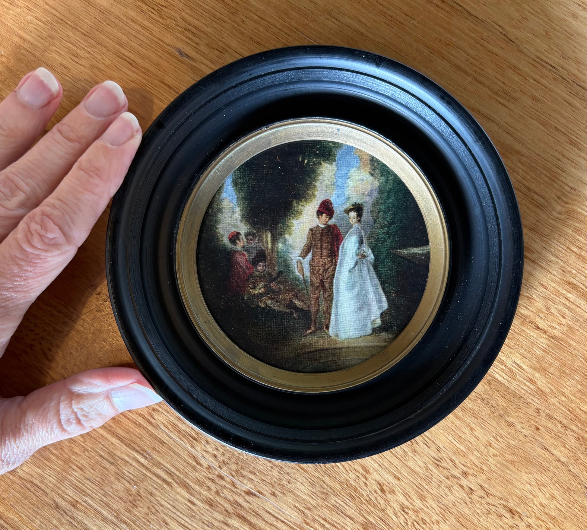 Vintage miniature print, Fountain, round framed artwork
