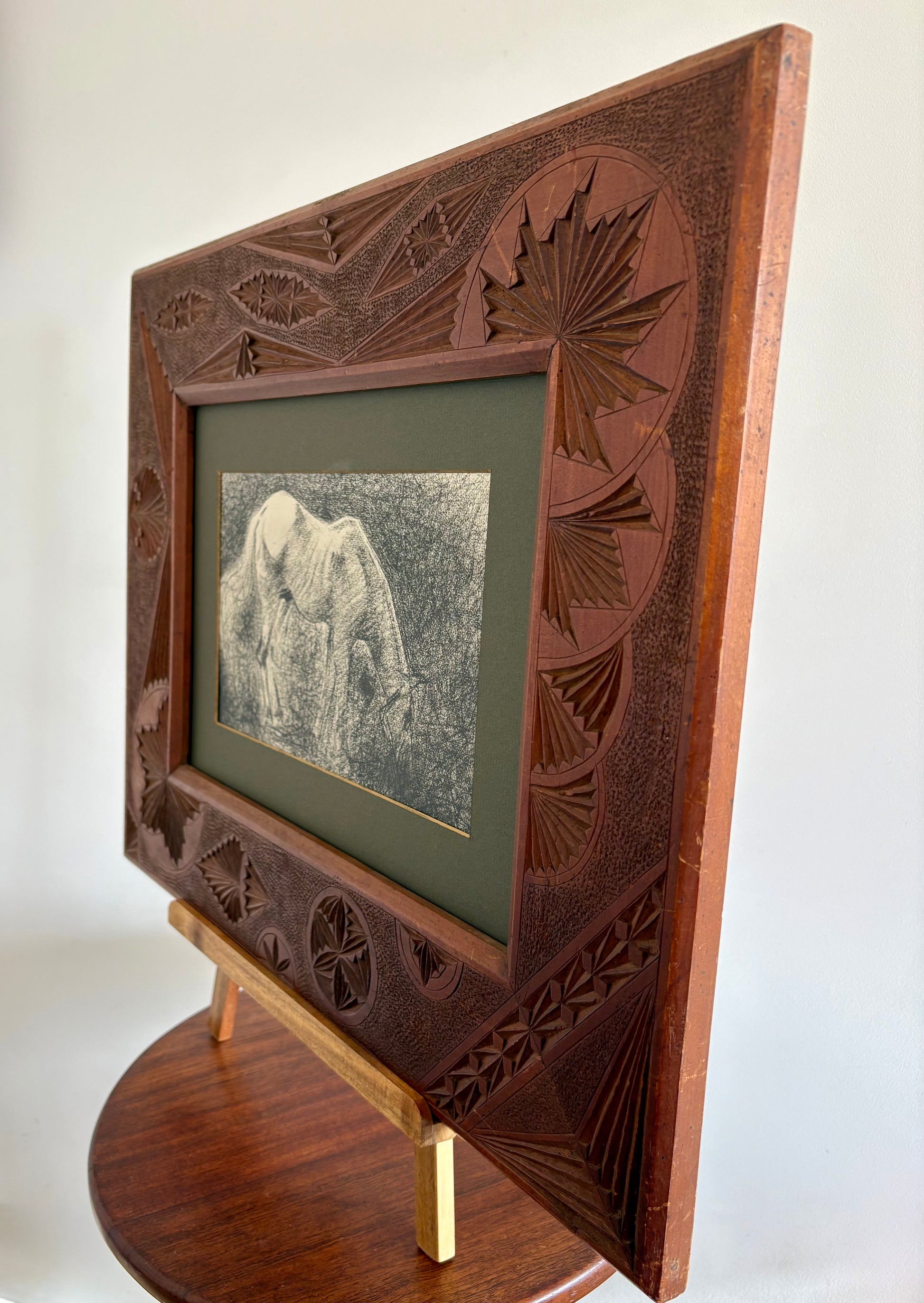 1928 Rare antique lithograph, French, Seurat, drawing, Chip frame, white horse
