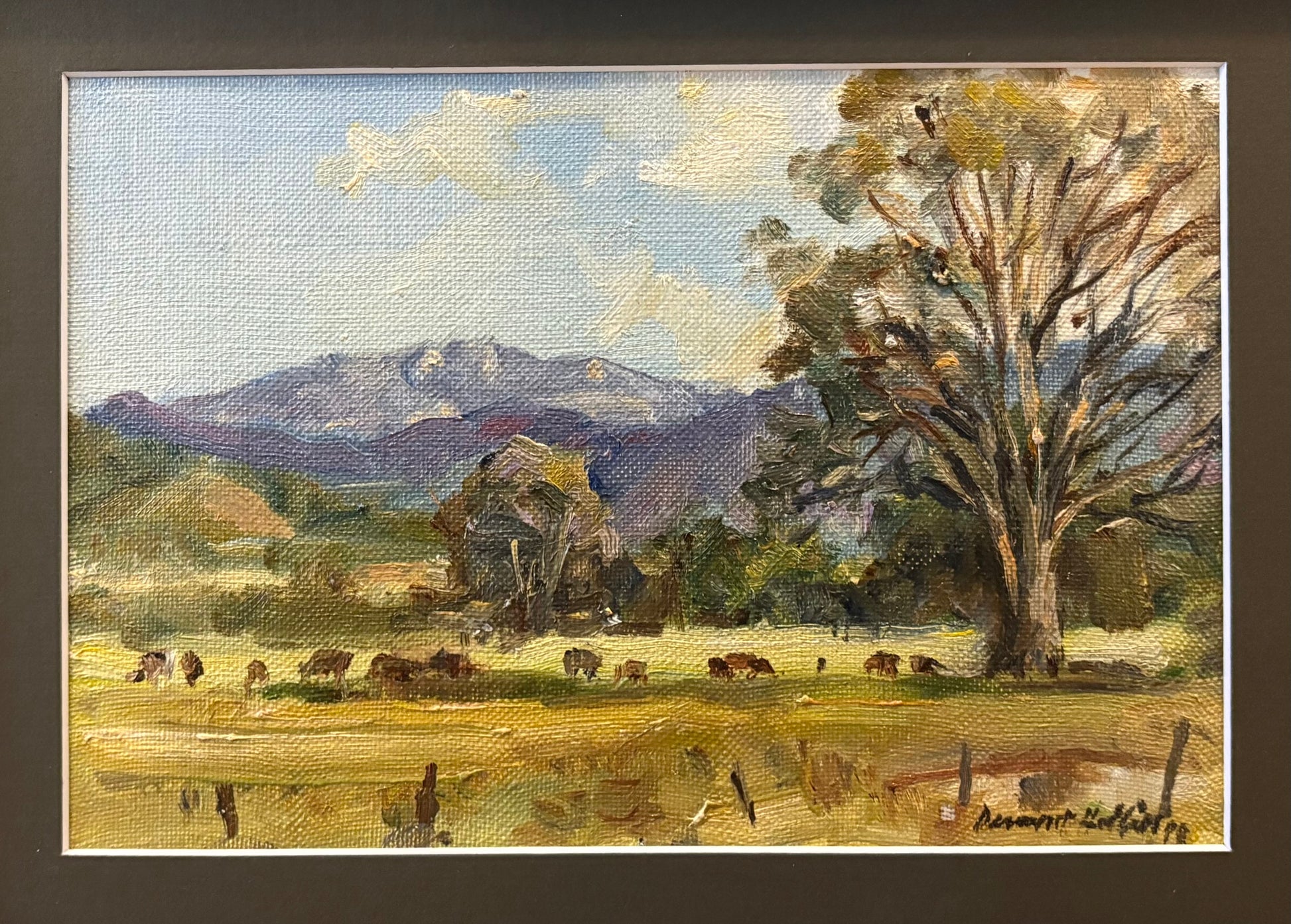 Mid Century original oil painting, Dermont Hellier, Australian bush, cows, framed art