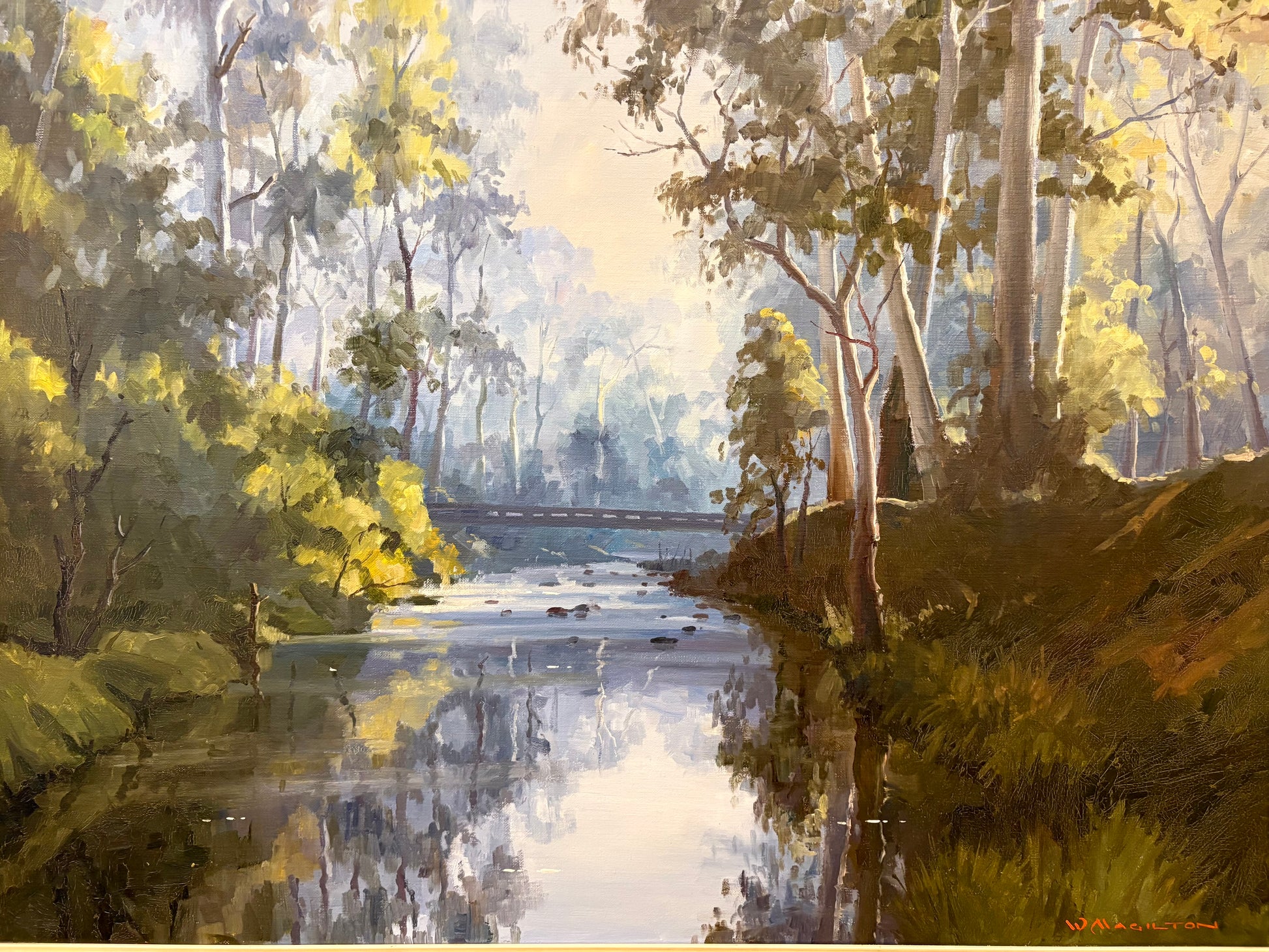 Large original oil painting on linen, Walter Magilton, “Sheepyard Flat”, vintage framed art