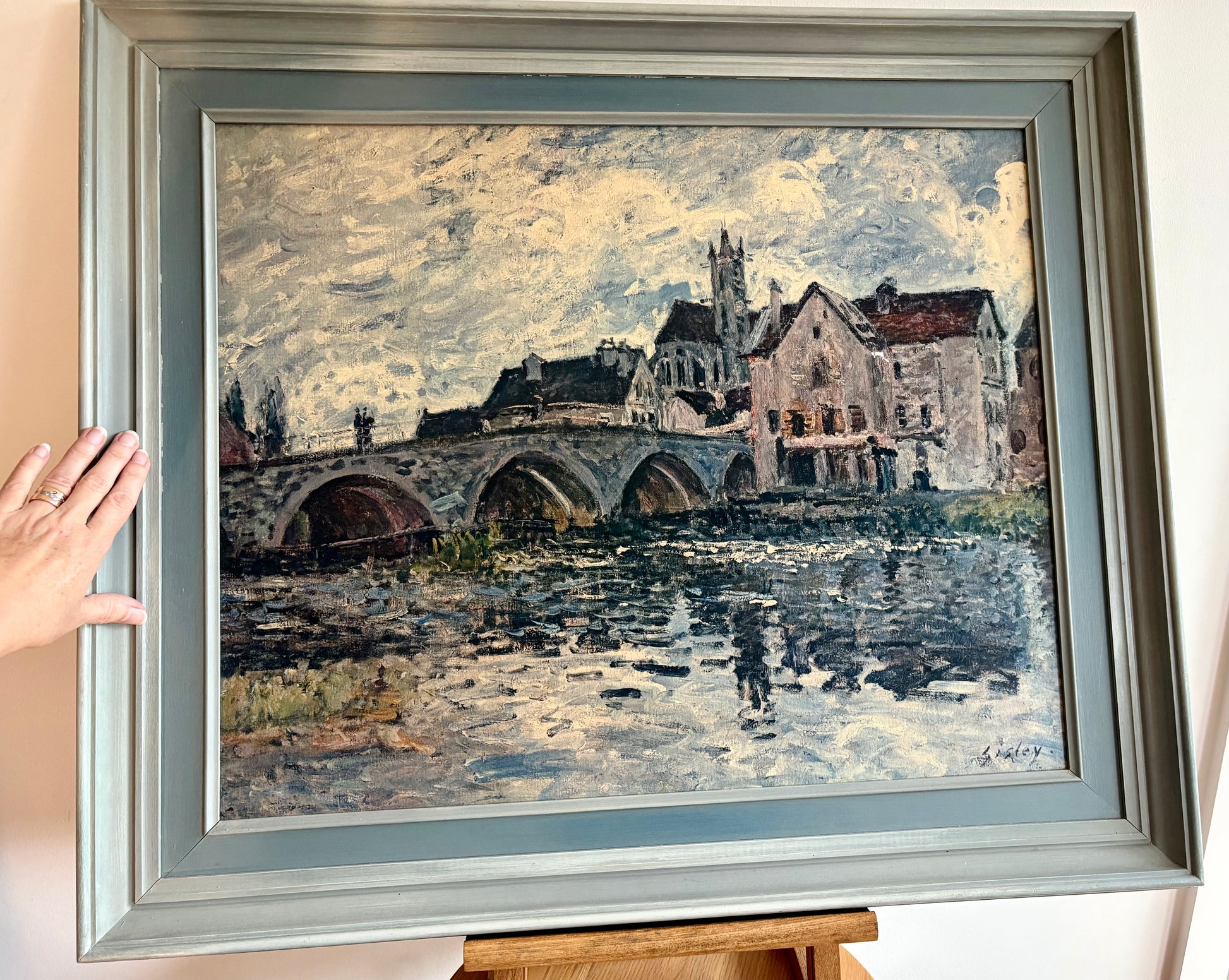 Large vintage Alfred Sisley print, framed art, bridge, French