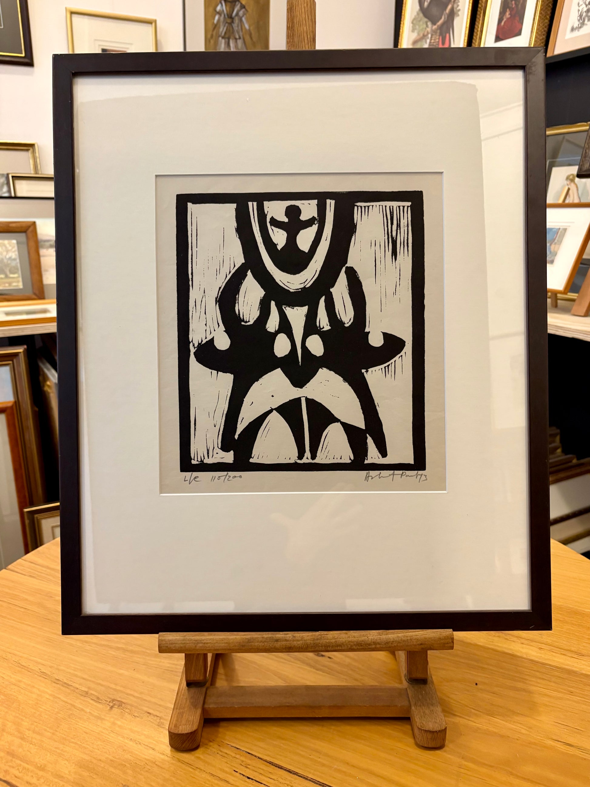 Large 1973 original linocut artwork, Ashit Paul, mythical, vintage framed art