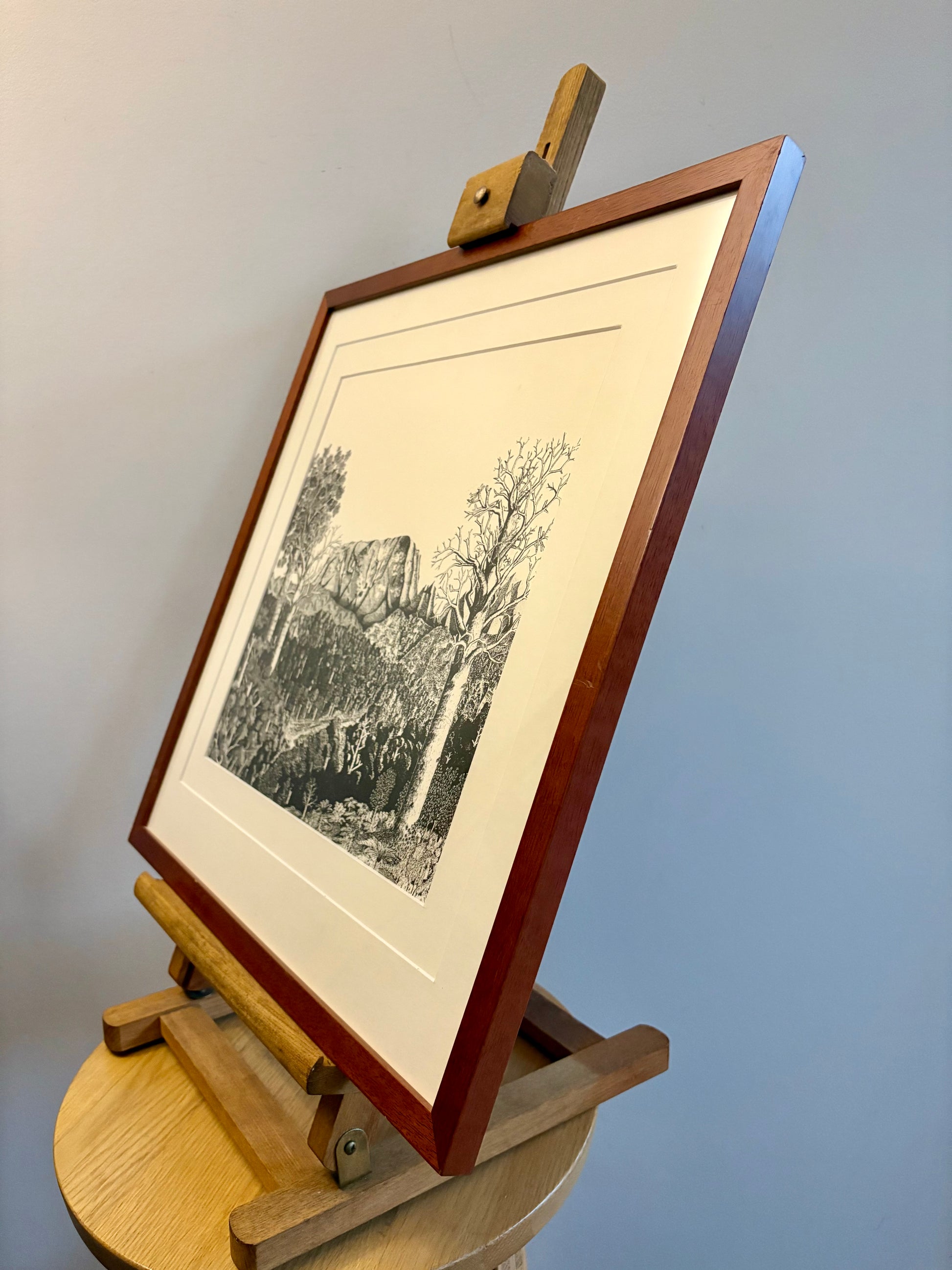 1977 Rei Hamon lithographic print, mountain, New Zealand, framed vintage art