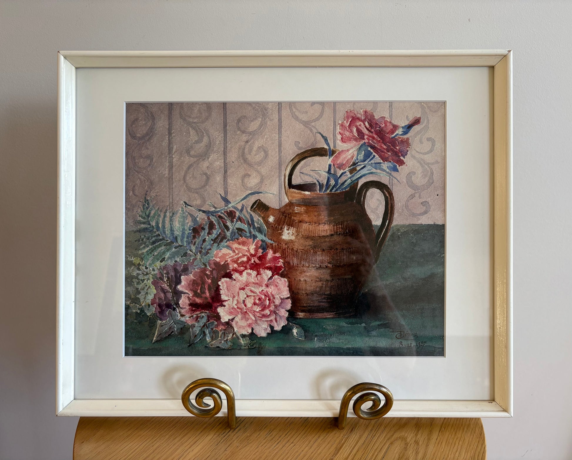 Original 1927 French antique watercolour painting, framed vintage art