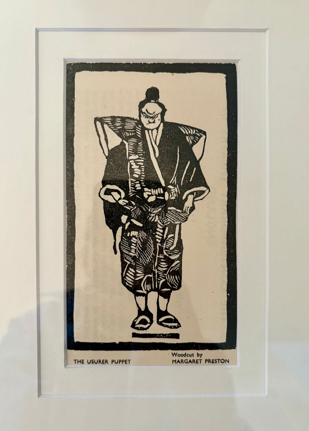 Original pair 1930s Margaret Preston woodblock prints, Japanese Puppets, rare antique framed art