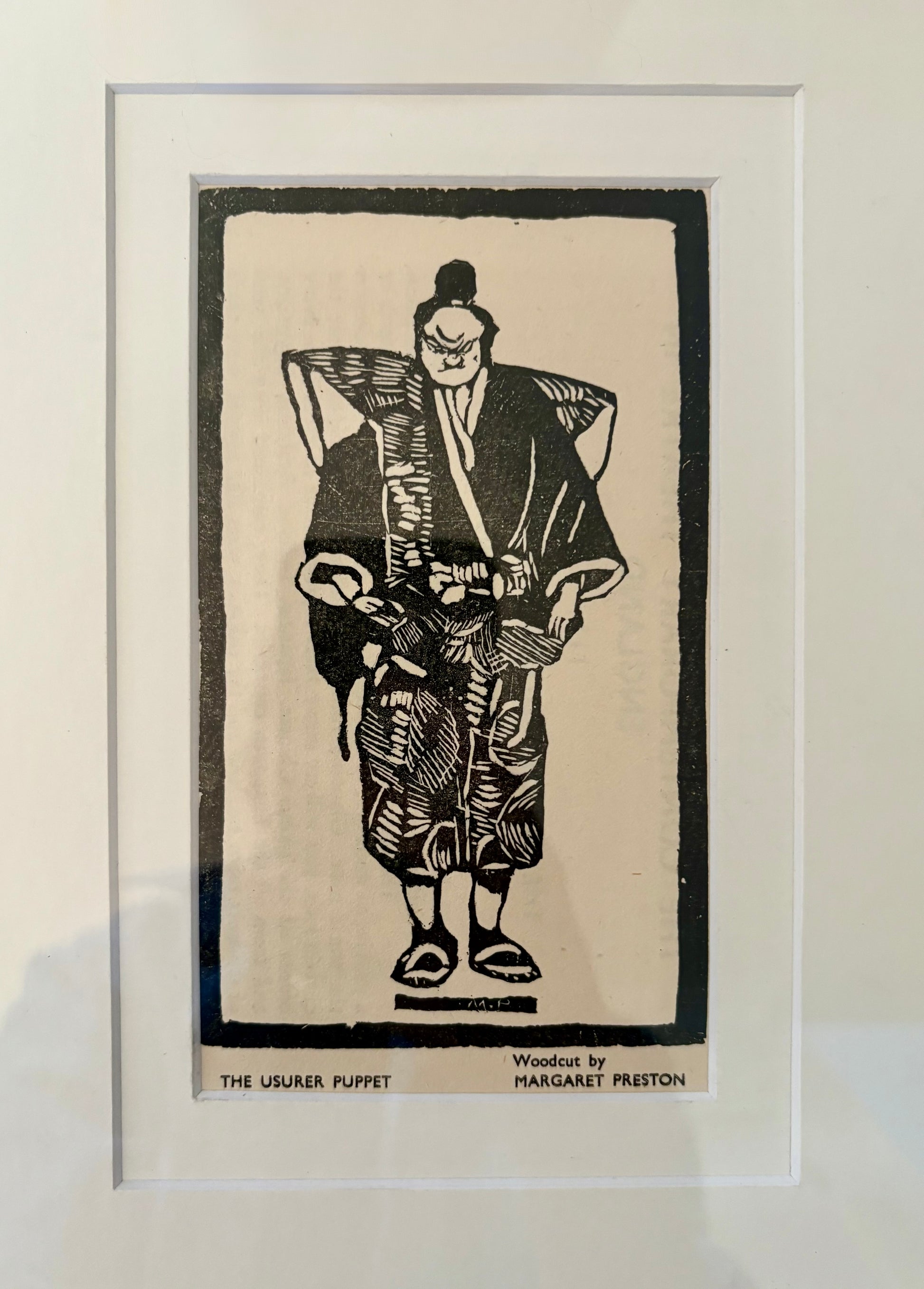 Original pair 1930s Margaret Preston woodblock prints, Japanese Puppets, rare antique framed art