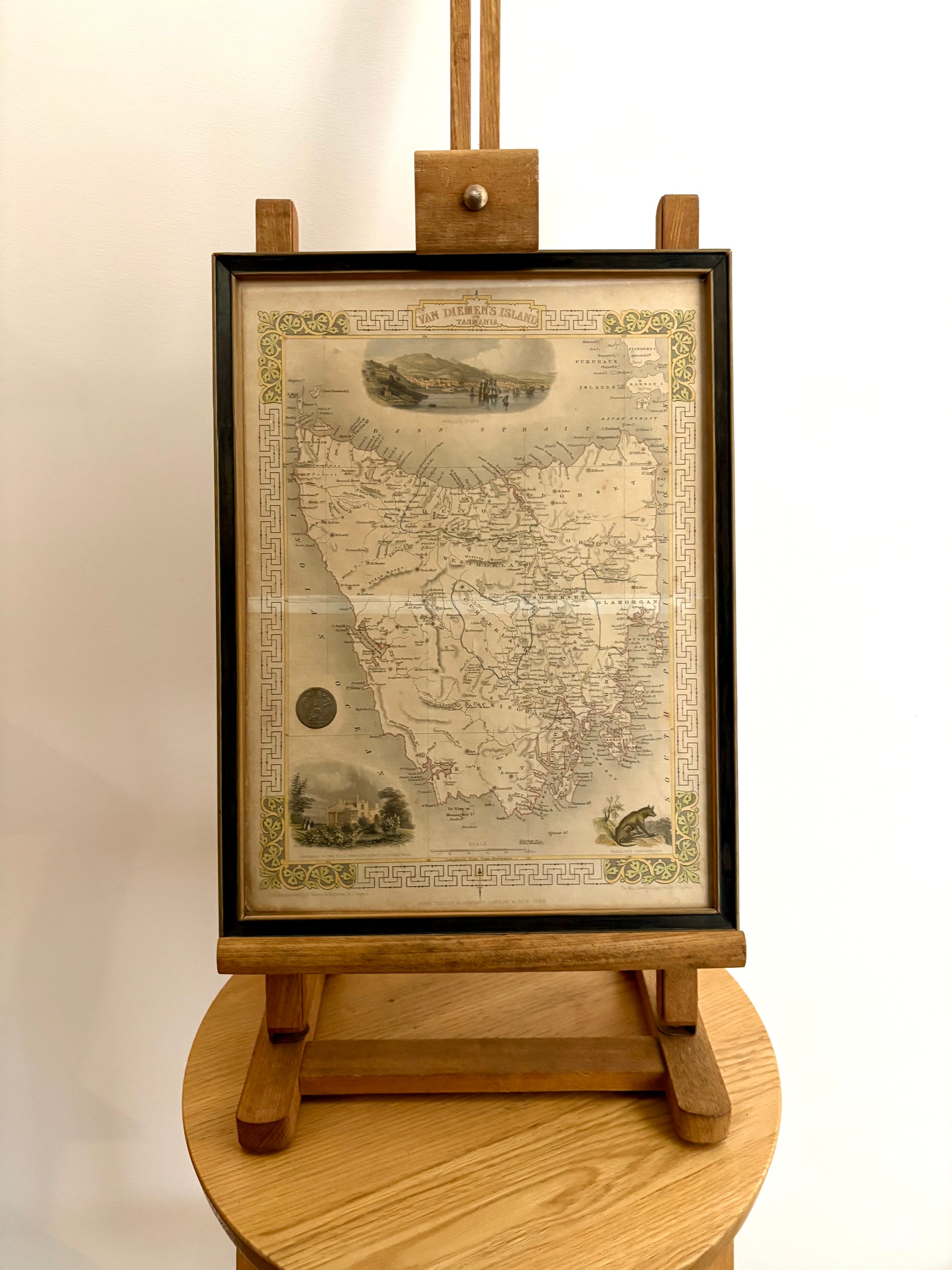 1850s antique map of Tasmania, engraved, hand coloured, Tallis, vintage framed art