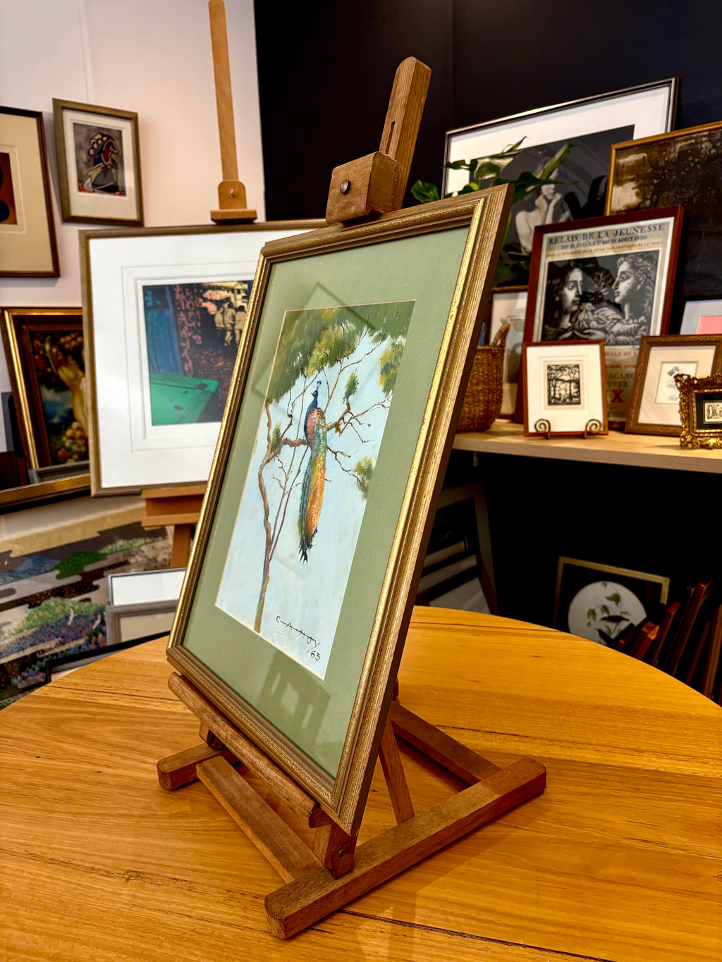 Original oil painting on board, signed, “Peacock”, vintage 1965, framed art.