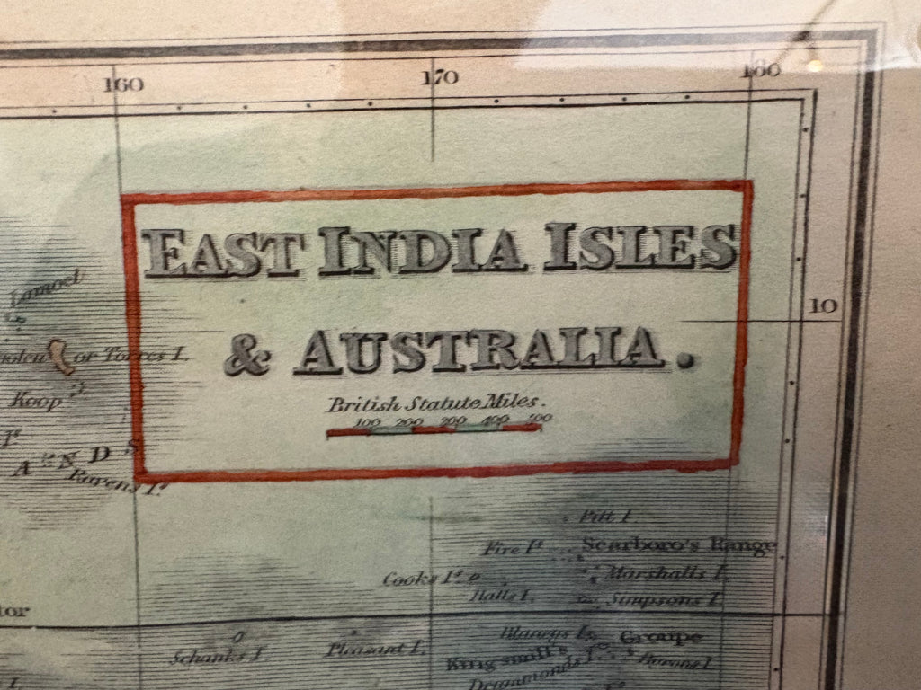 1819 antique map of Australia and surrounds, engraved, hand coloured, Thompson & Co, vintage framed