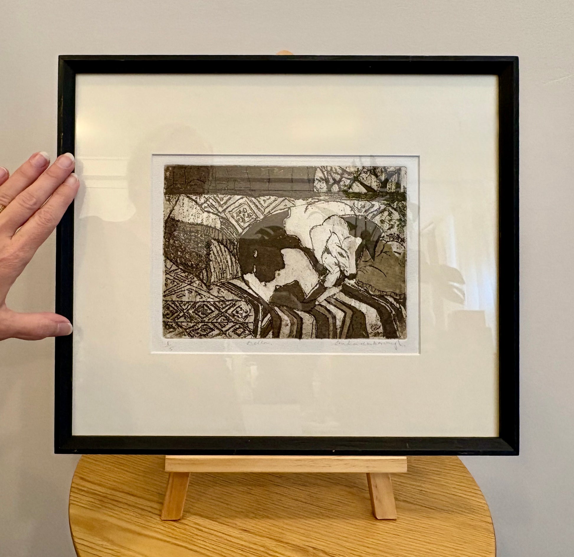 Vintage original dry point etching, dog, signed framed art