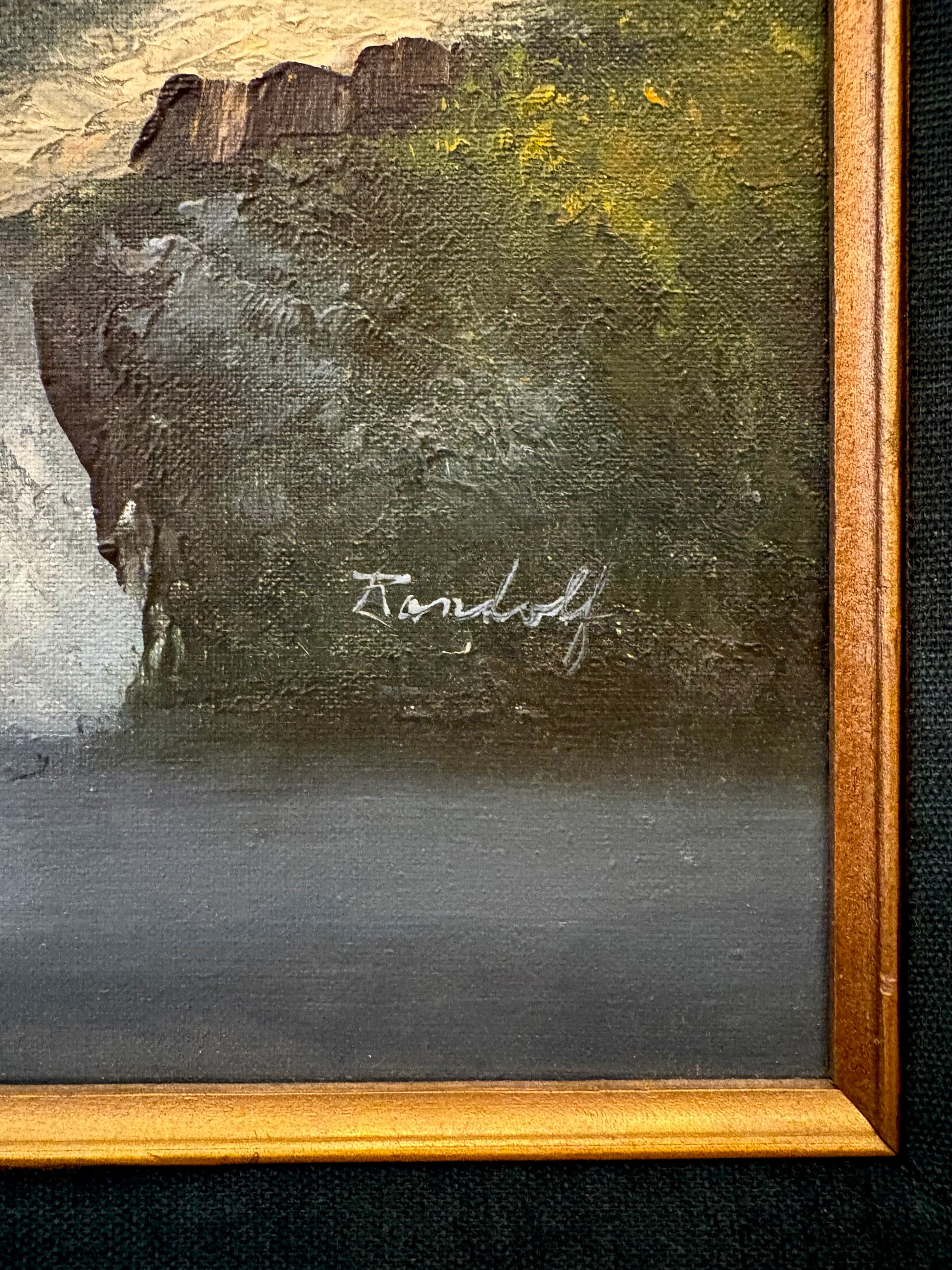 Original vintage painting on canvas, Alpine Lake, ornate gilt frame