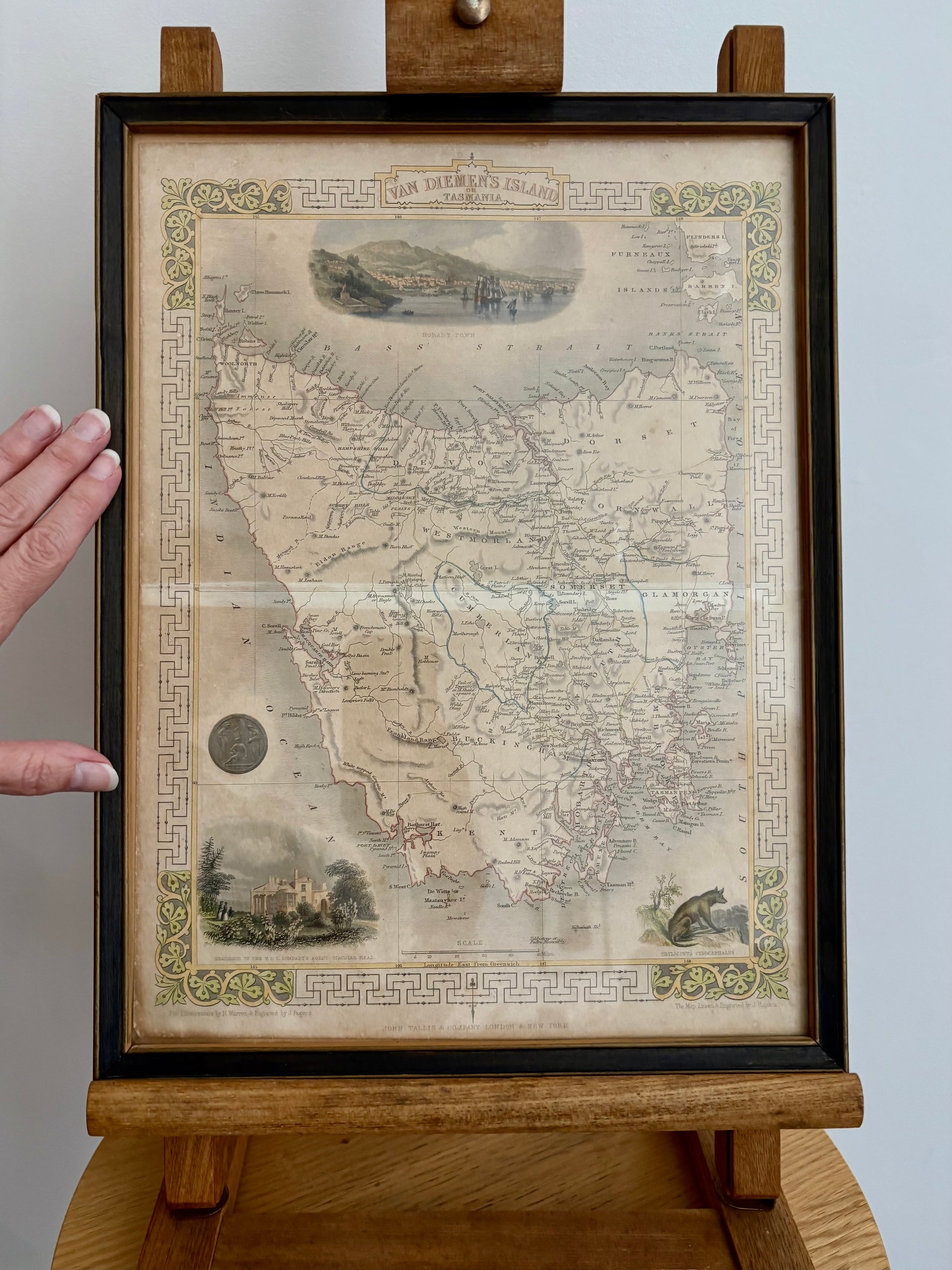 1850s antique map of Tasmania, engraved, hand coloured, Tallis, vintage framed art