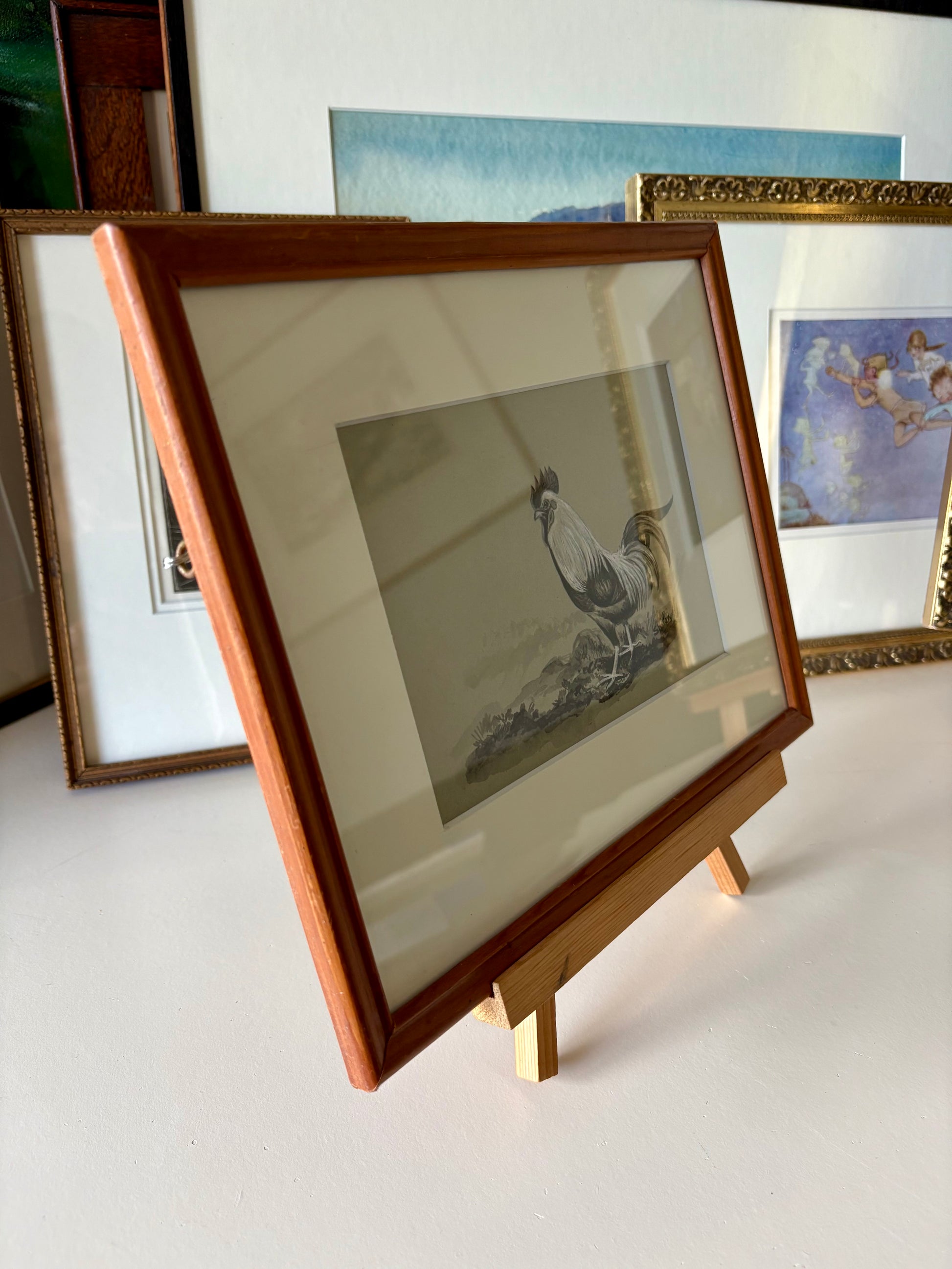 1940 original painting, Rooster, framed vintage art
