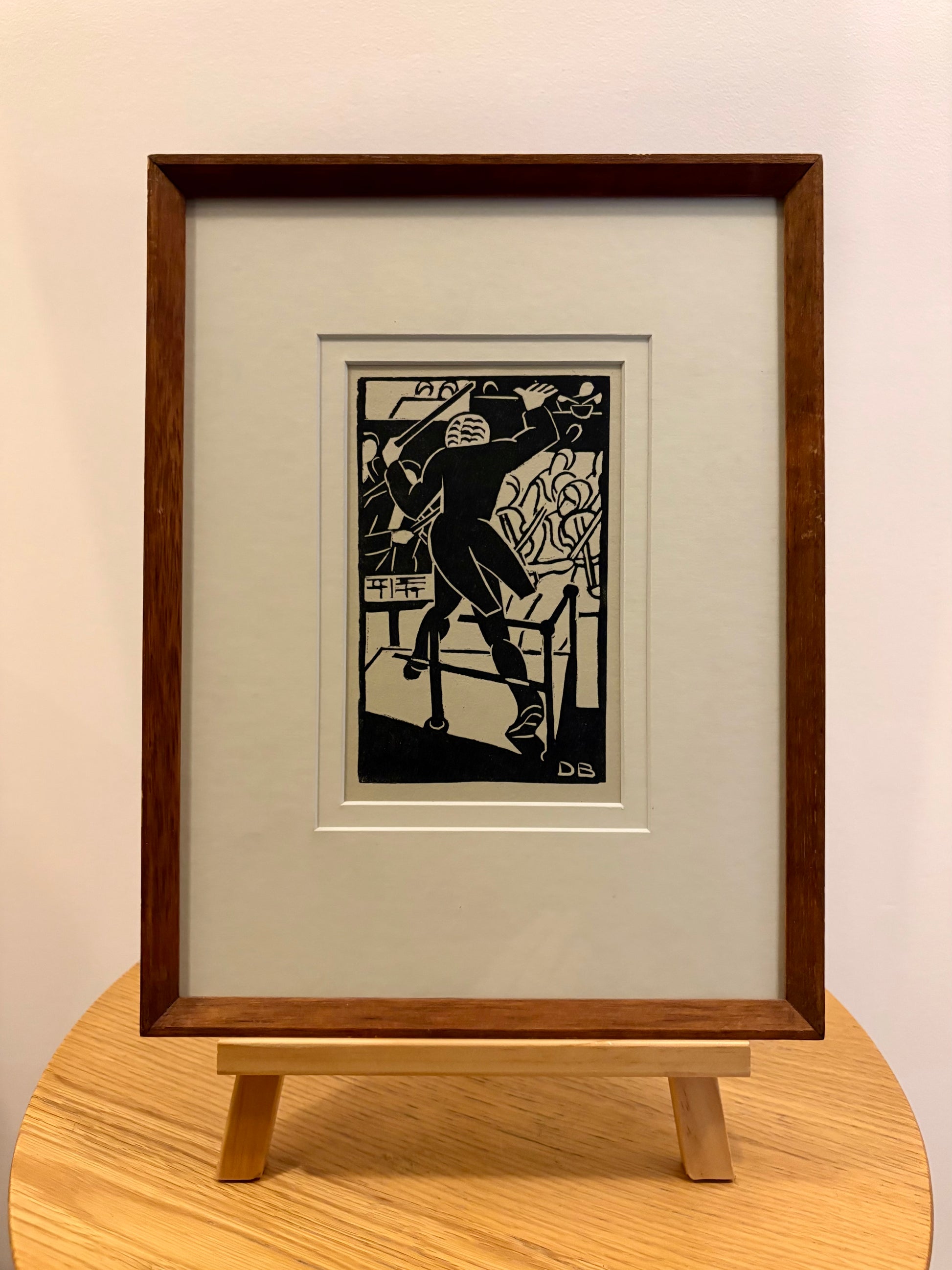 1930s Original linocut print, Dorrit Black, Conductor, framed vintage art
