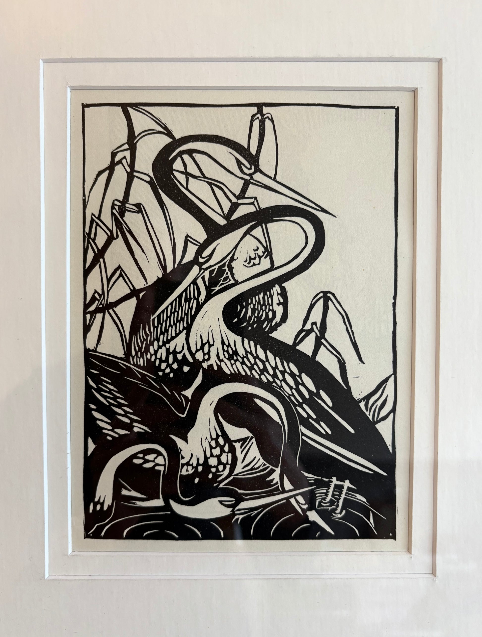 1934 Genuine vintage Betty Caddy bird print, "Snakebirds," Art Deco, cranes, framed wall art