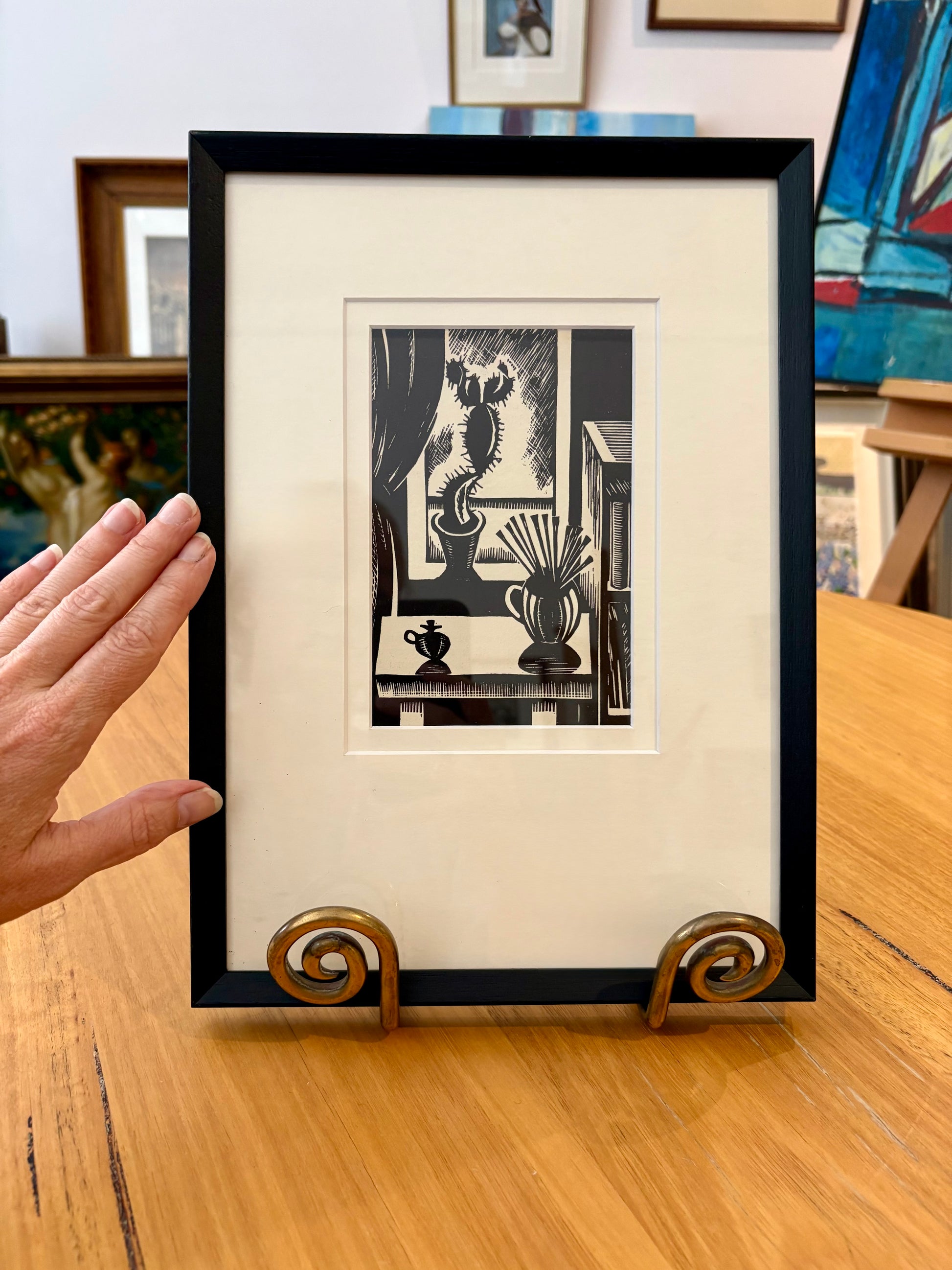 1924 print, woodblock, cactus, Edward Wadsworth, “Still Life”, framed vintage antique art