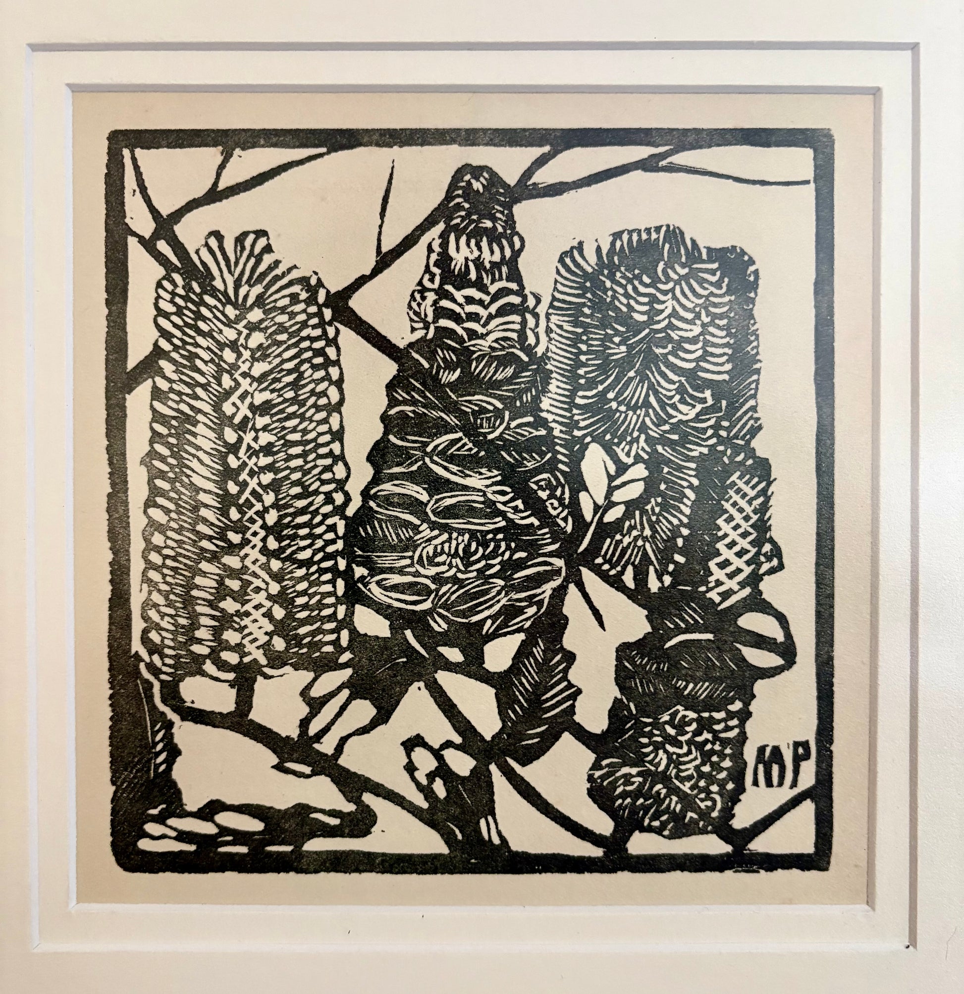 1932 Original Margaret Preston woodblock print, “Banksia”, framed antique vintage art