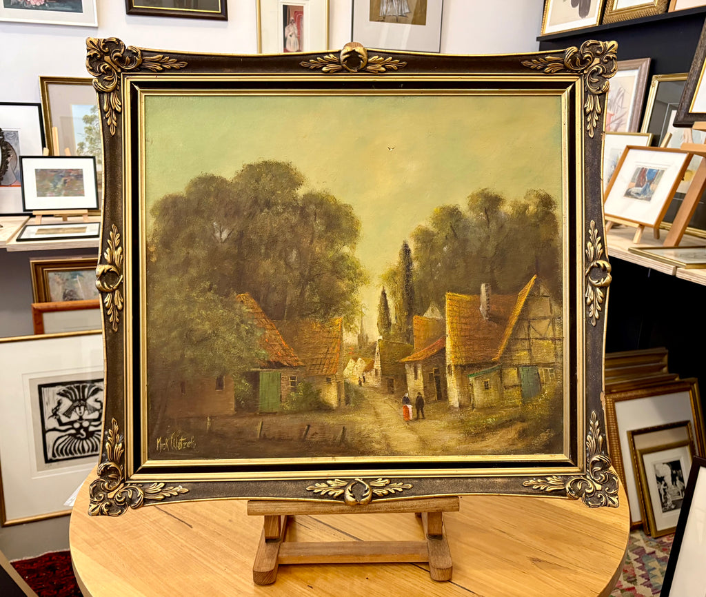 Antique original oil painting, village scene, ornate frame, signed framed art