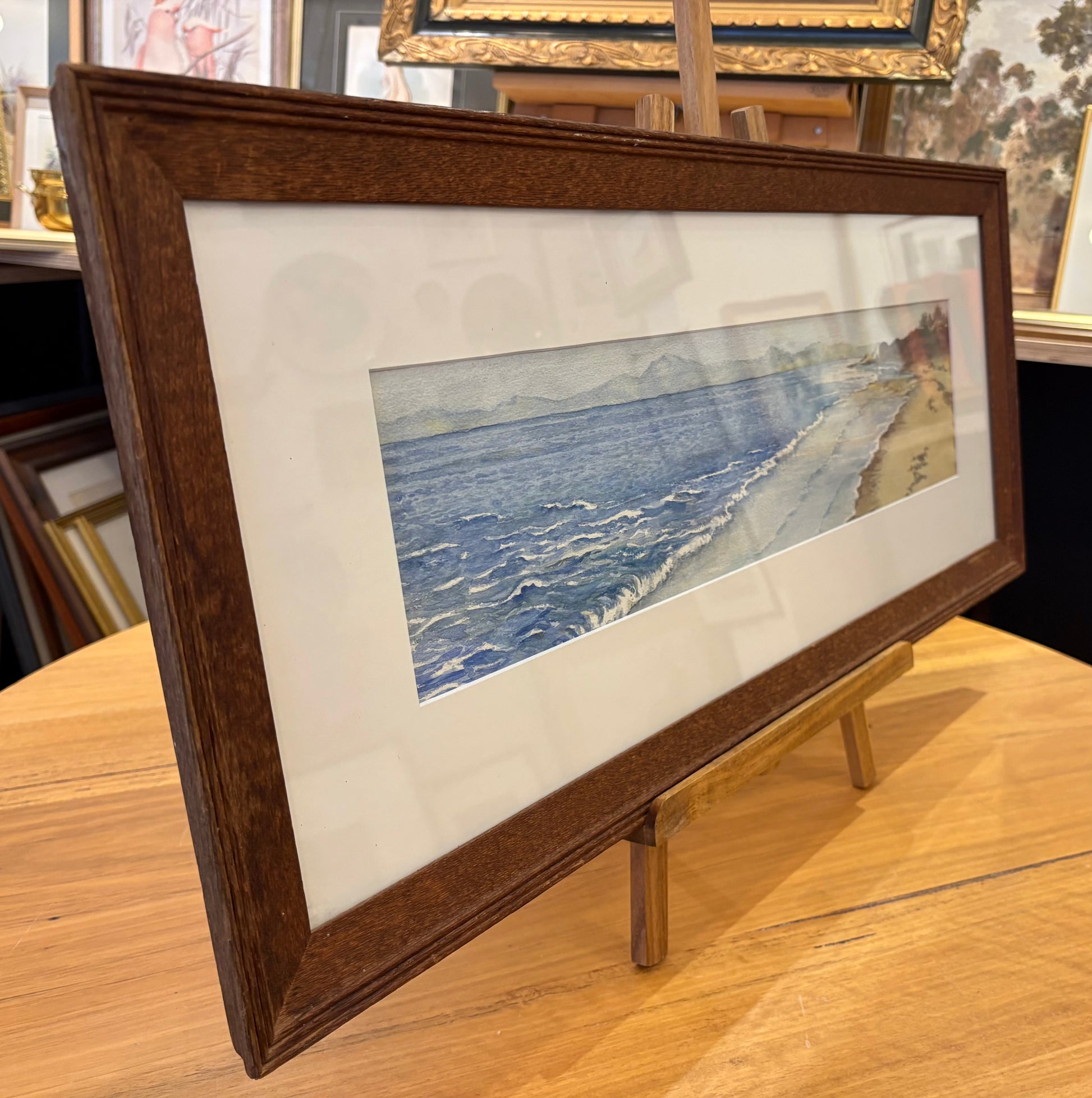 Original watercolour painting, John Flexmore, coastline, vintage framed art