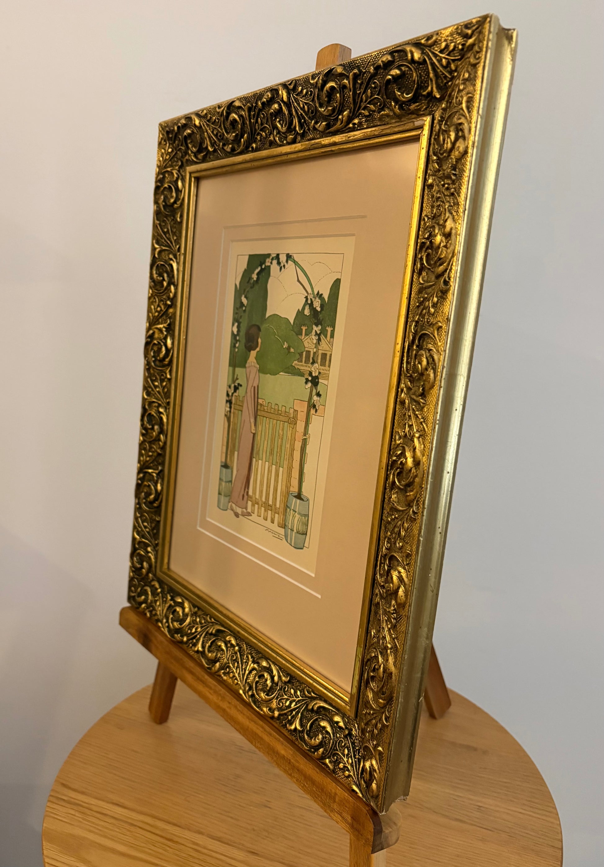 Rare original Art Deco woodblock print, 1911 antique, Maggie Salcedo, French framed art
