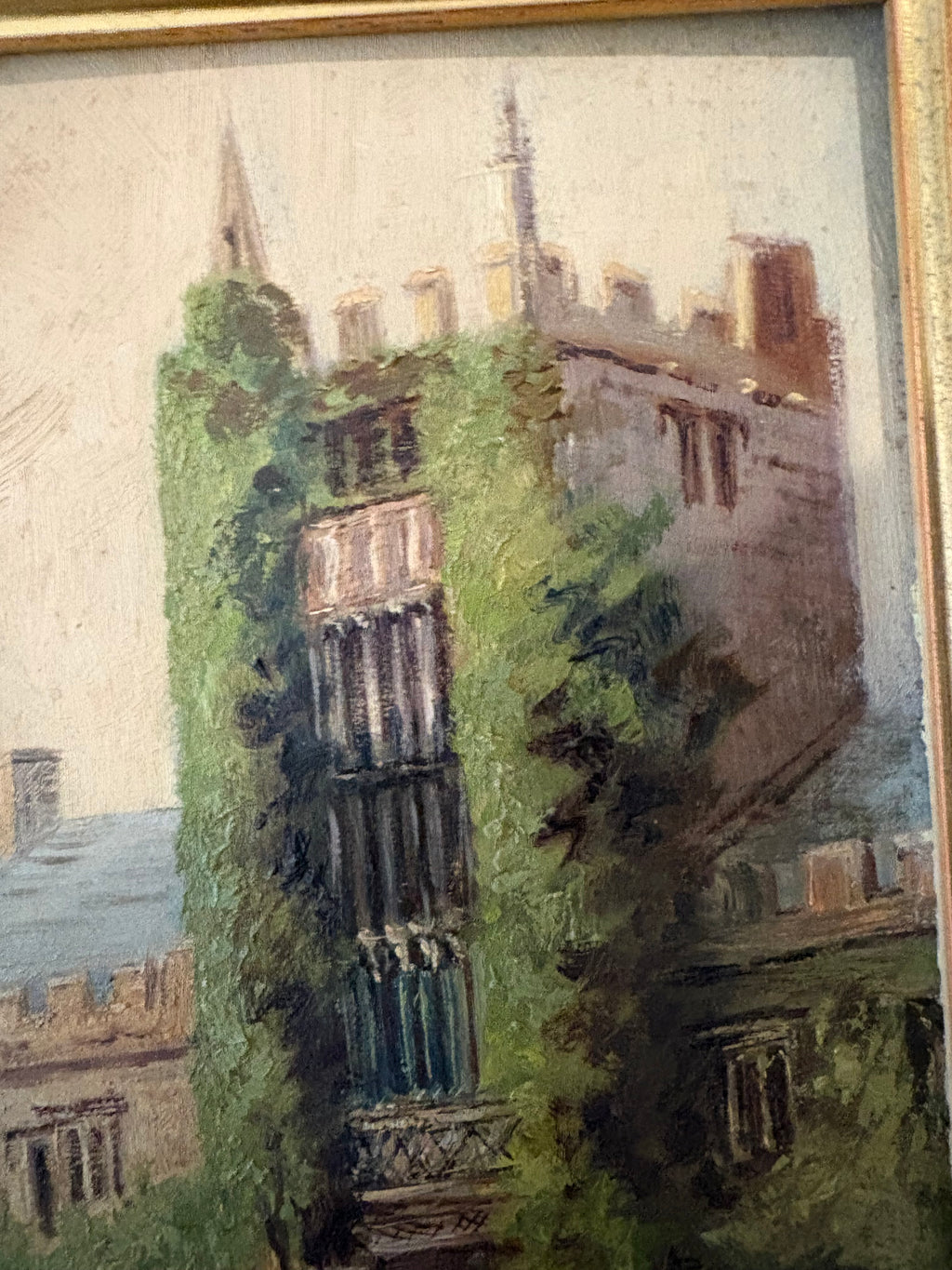 1900s original antique oil painting, Oxford University, framed art