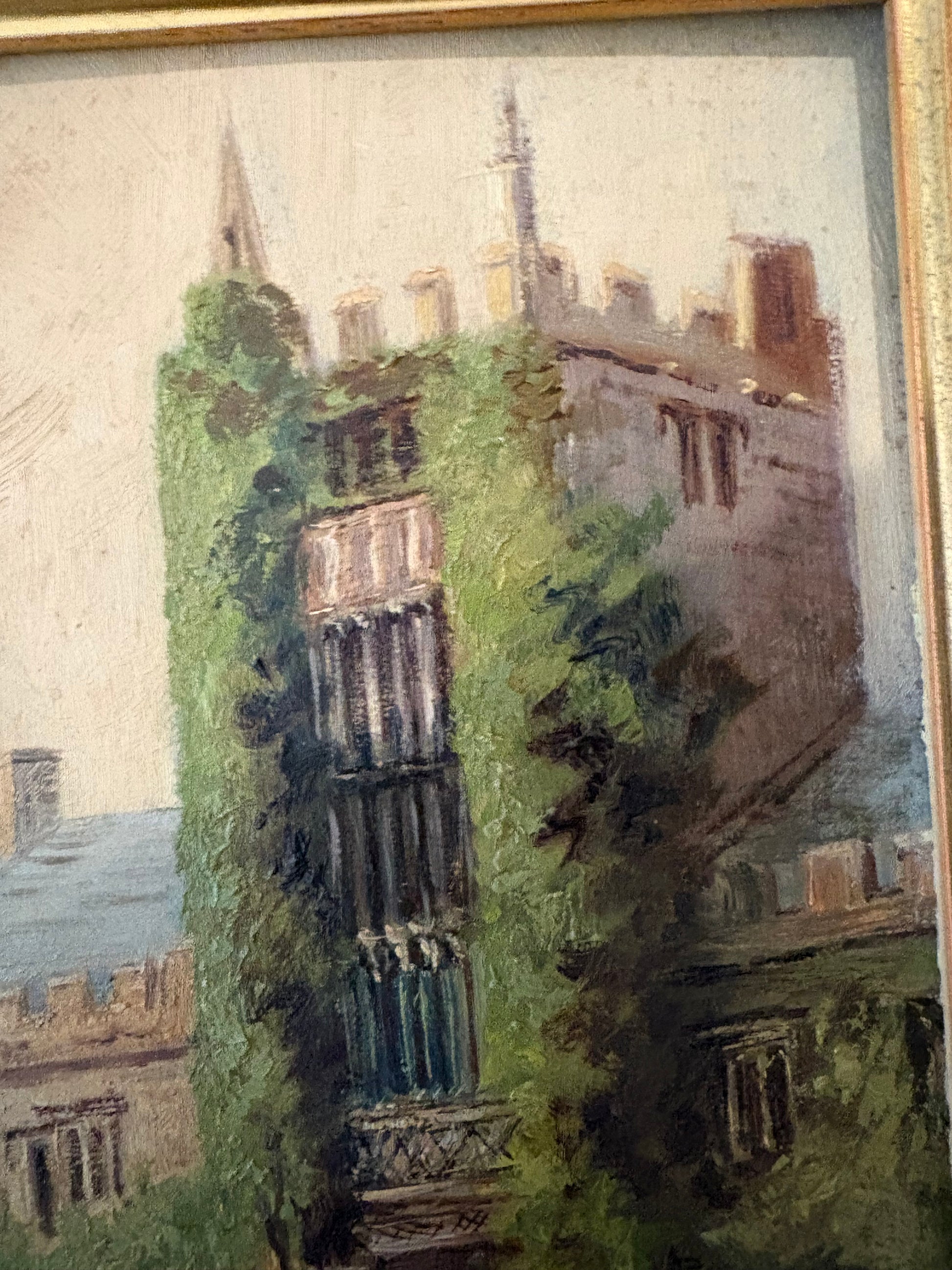 1900s original antique oil painting, Oxford University, framed art