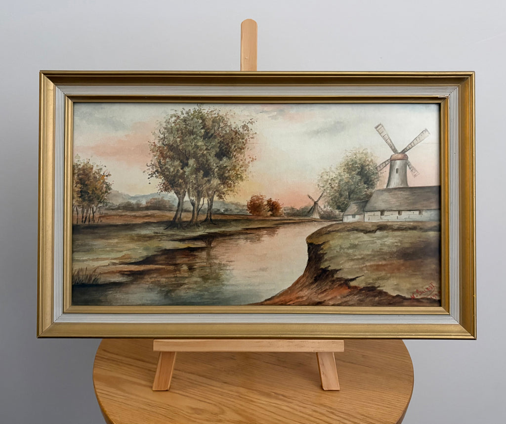 1920 Antique signed watercolour painting, N. Guest, Windmills, framed art