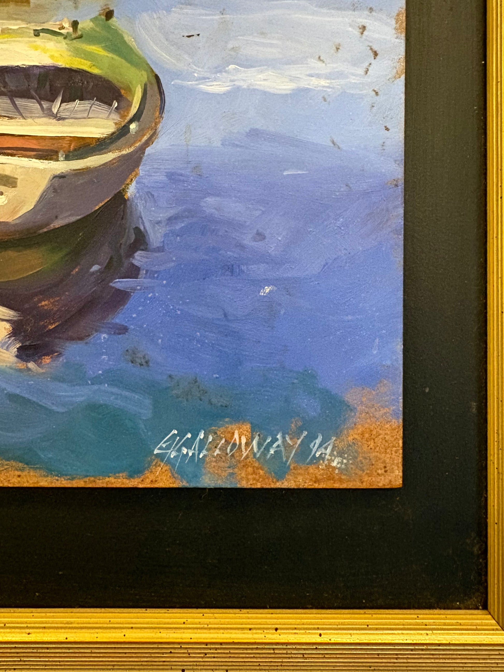Original Graham Galloway oil painting on board, boat, vintage framed artwork