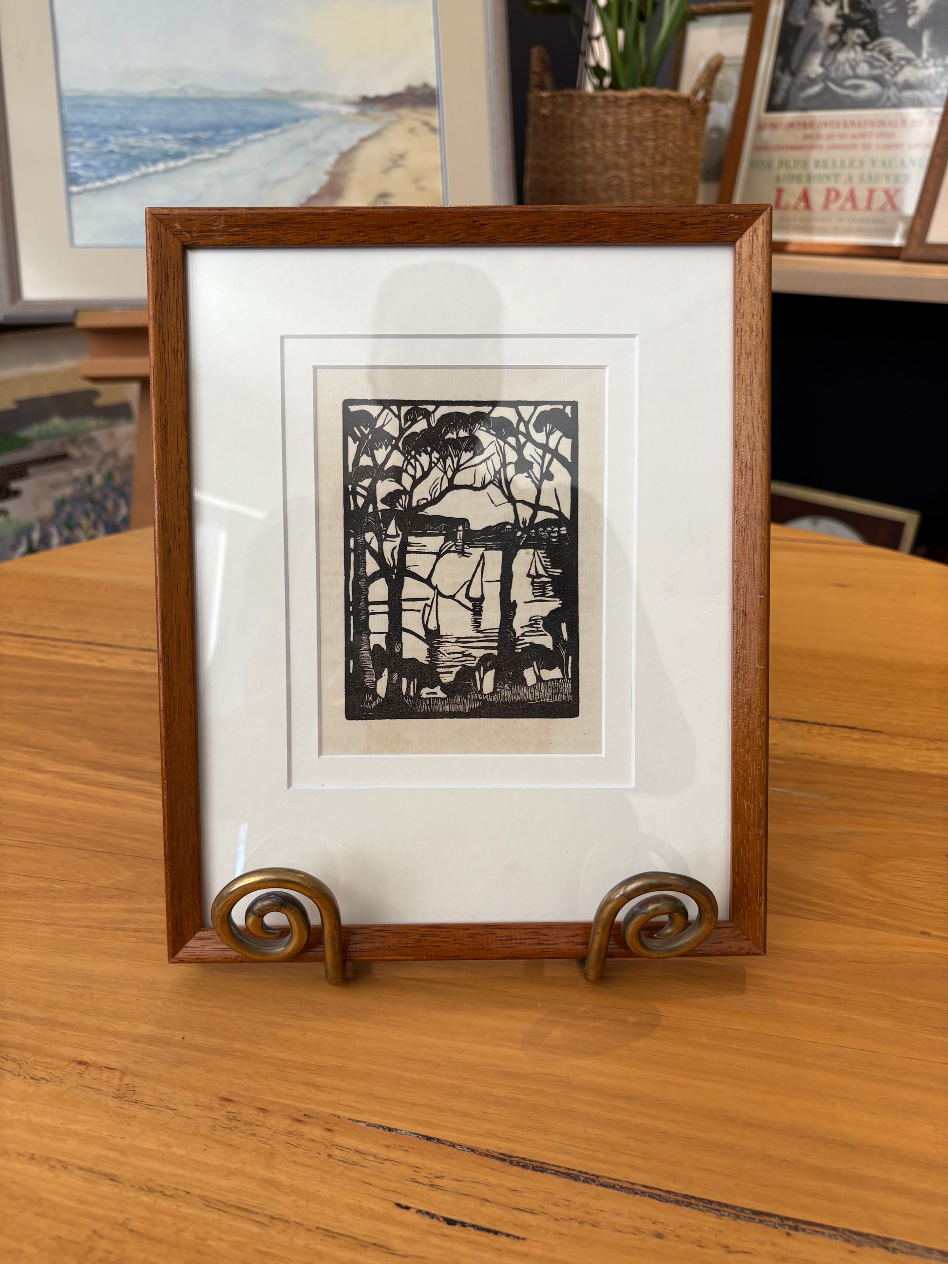 1926 Antique Margaret Preston print, "Sydney Heads," framed vintage art