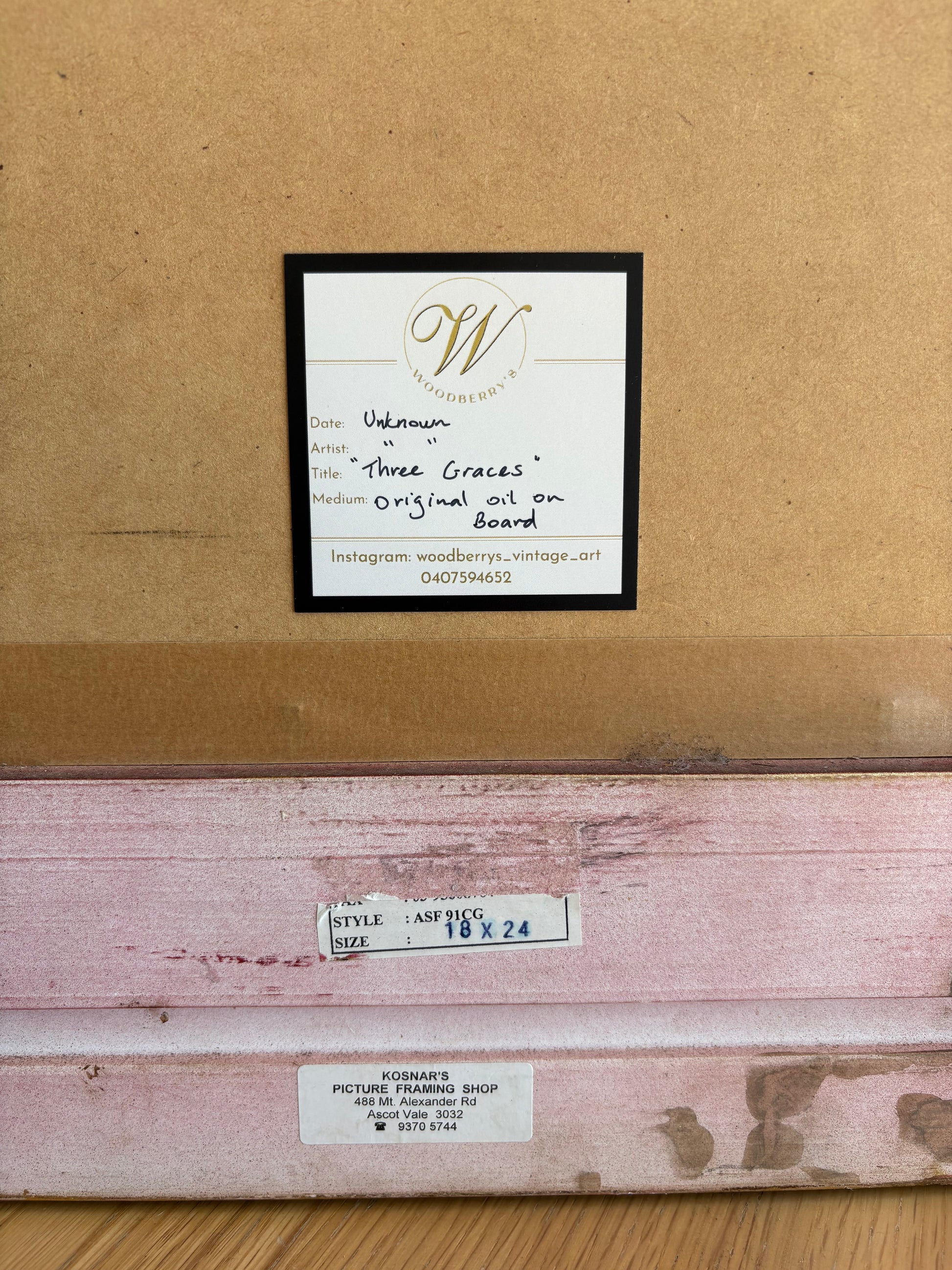 Large sized original painting, “Three Graces”, Mythical, gilt framed art