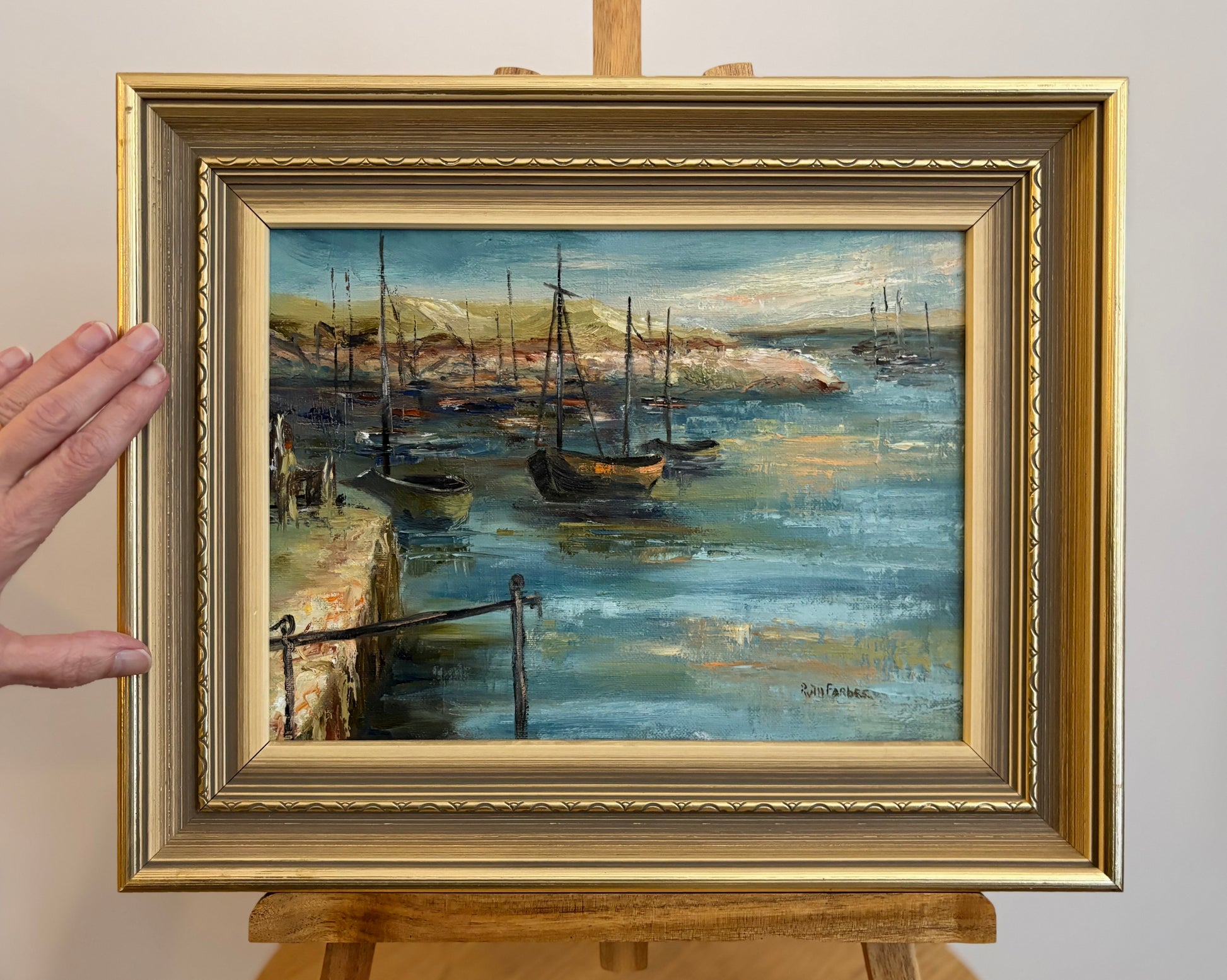 Vintage original painting, sailboats, signed framed artwork