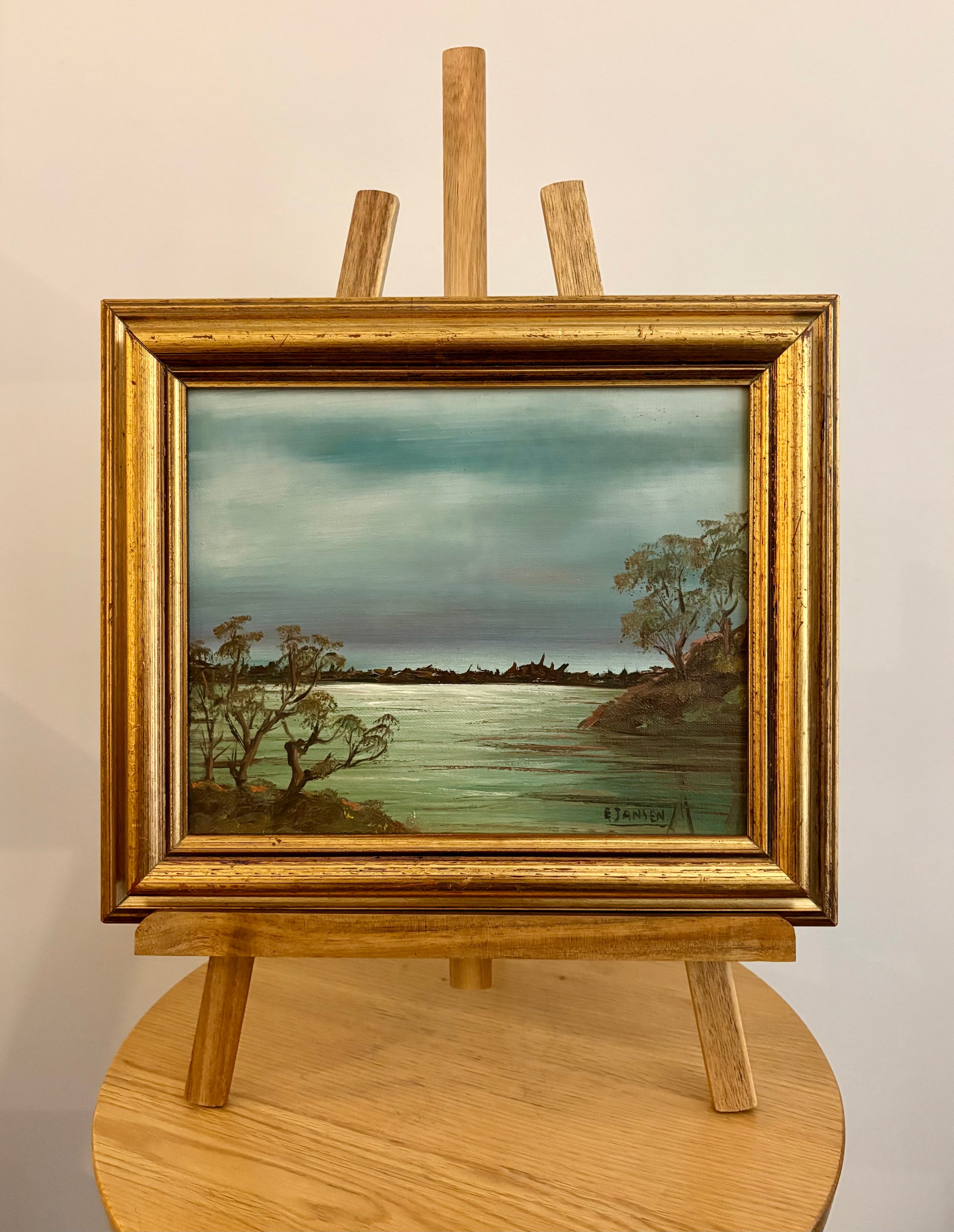 Original Australian landscape painting, vintage framed art, moonlight