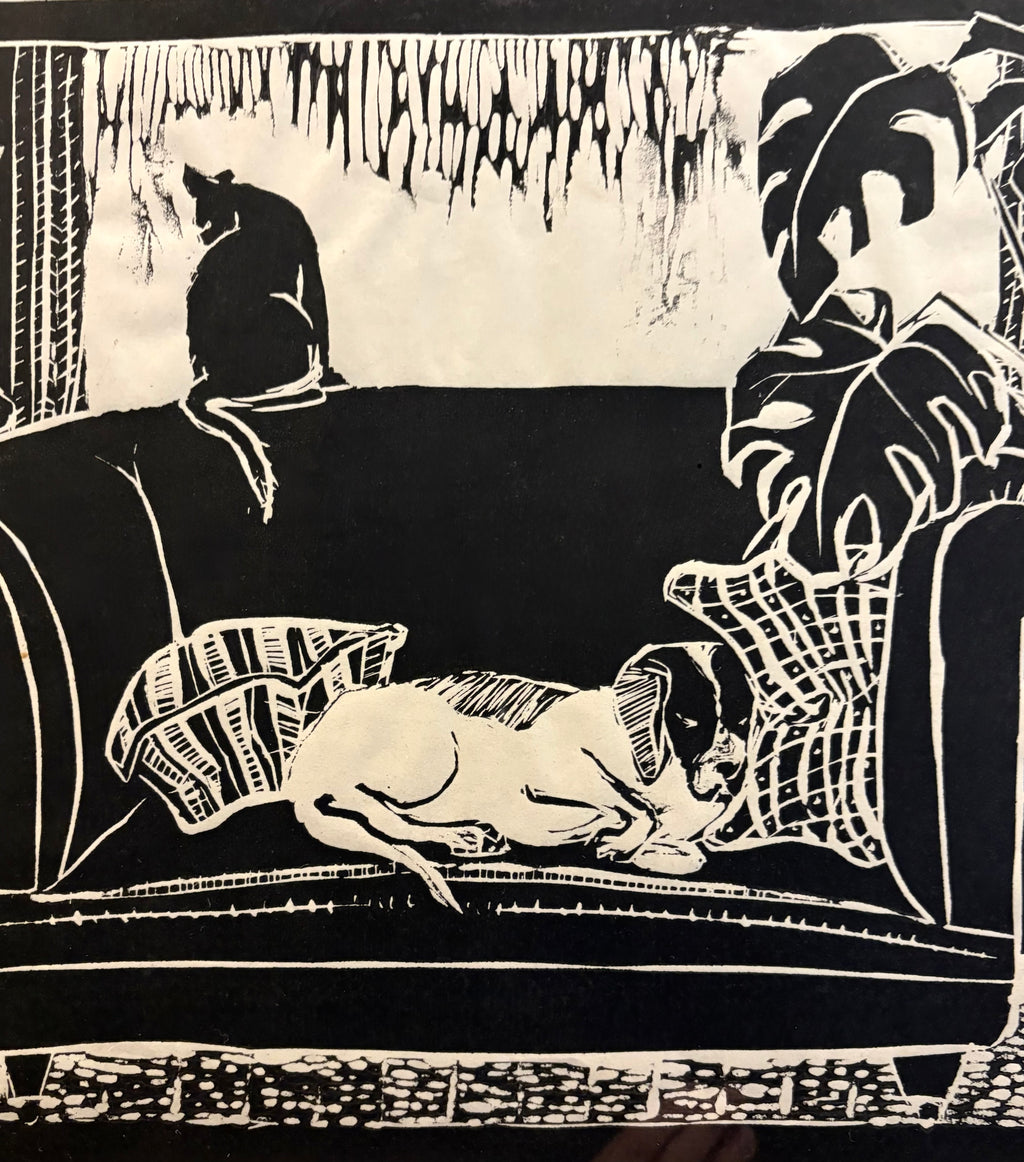 Vintage original lino print, dog, cat, signed framed art