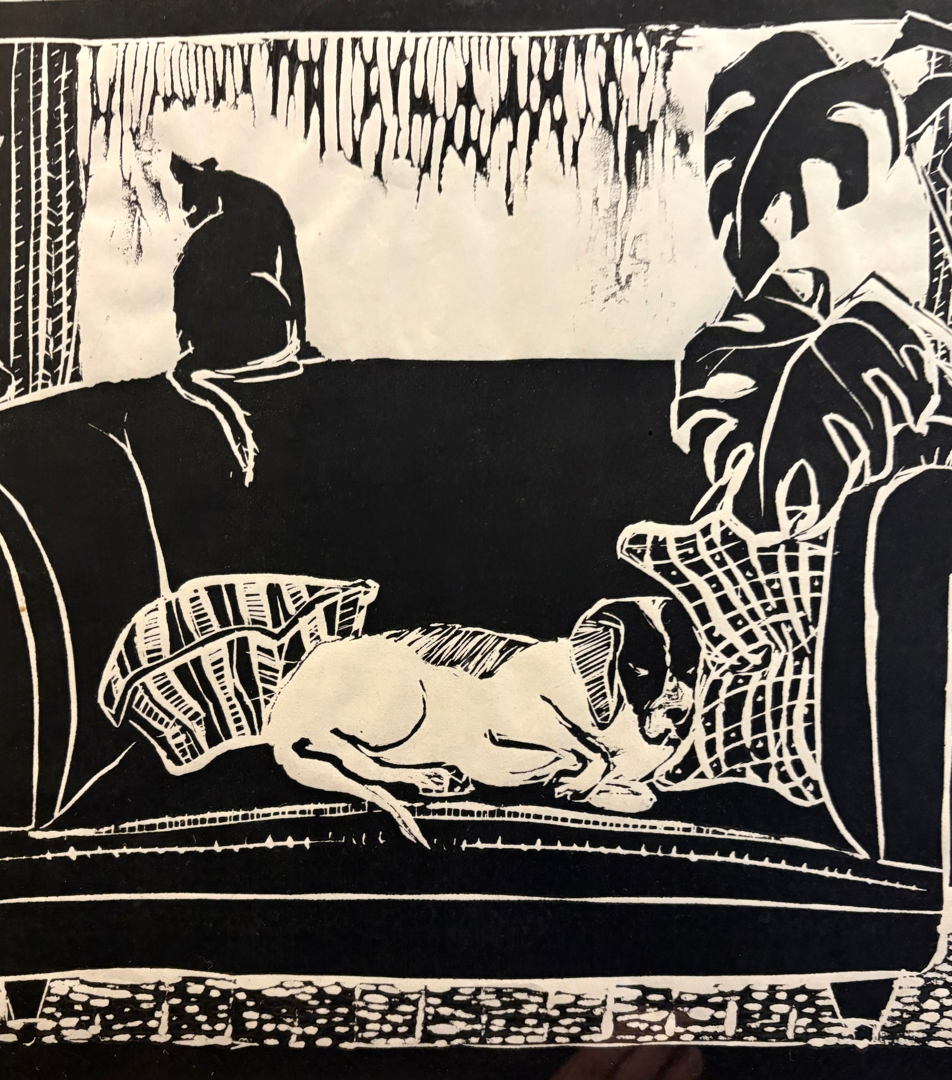 Vintage original lino print, dog, cat, signed framed art