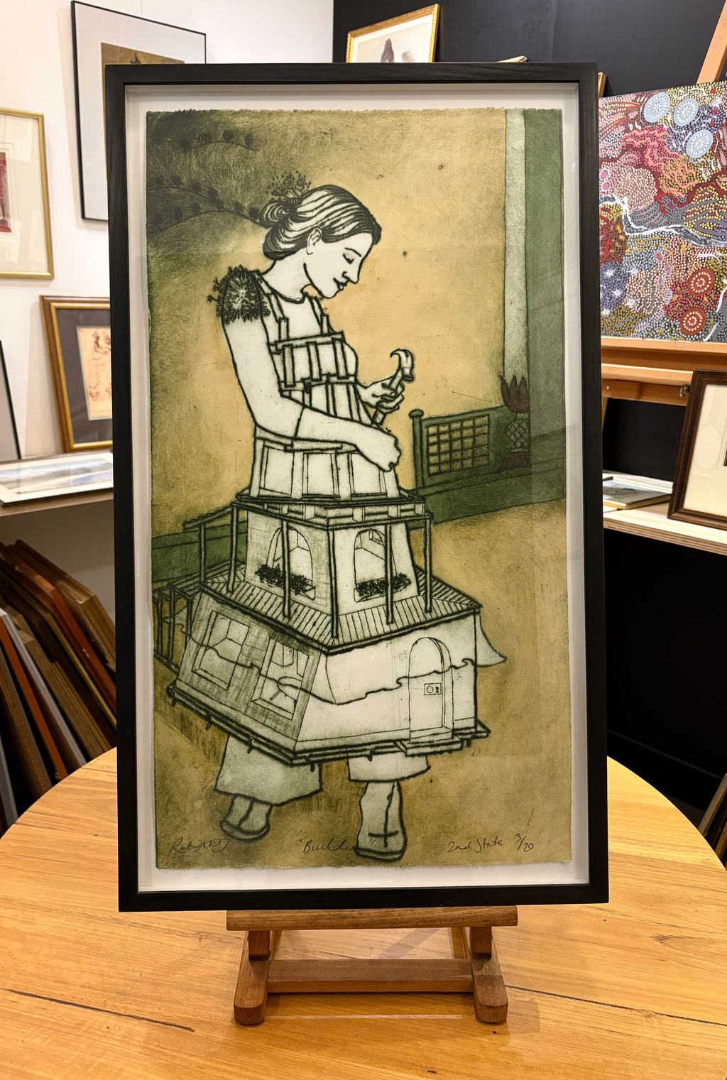 Large original hand coloured etching 3/20, Mandy Renard, “Builder”, framed art