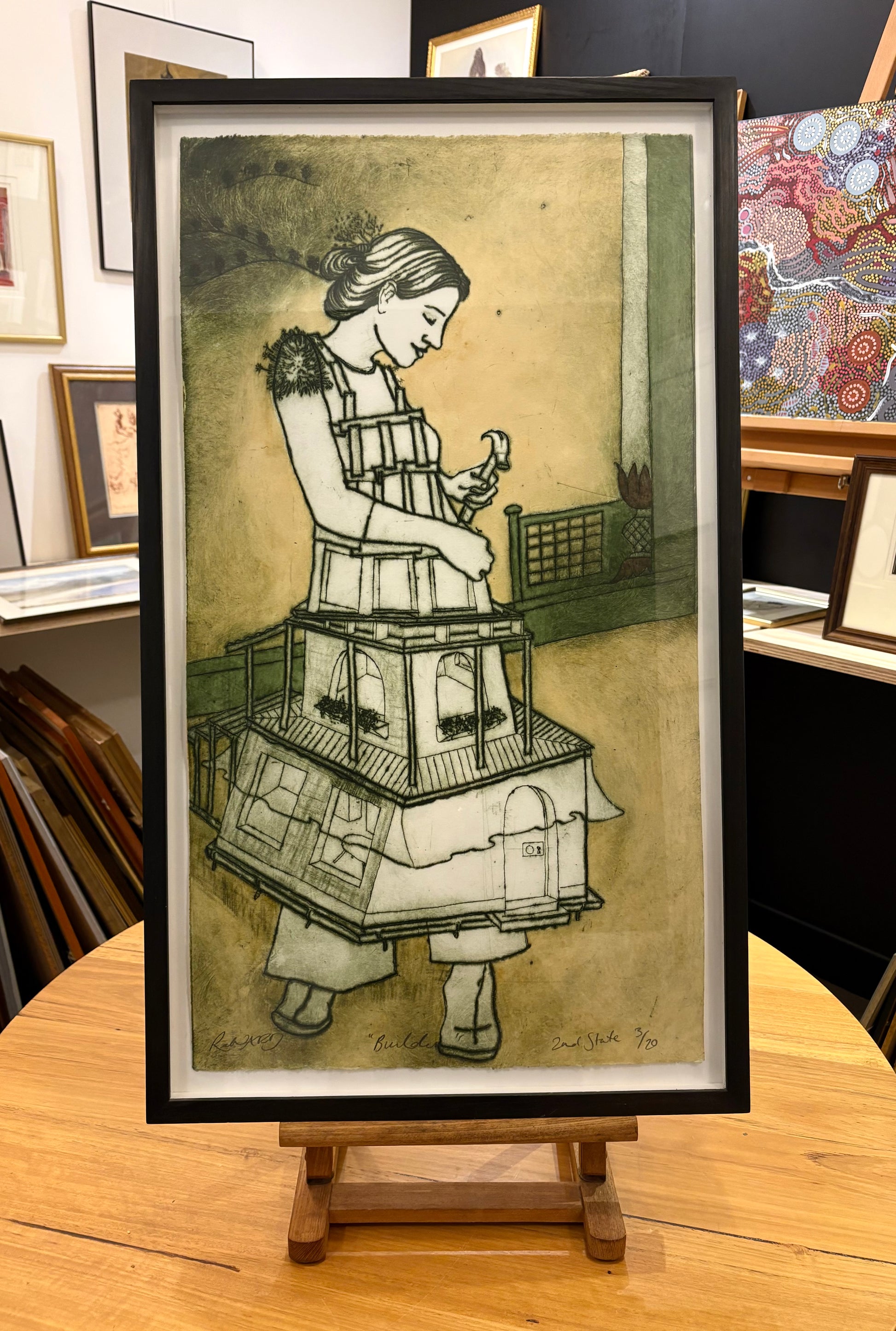 Large original hand coloured etching 3/20, Mandy Renard, “Builder”, framed art