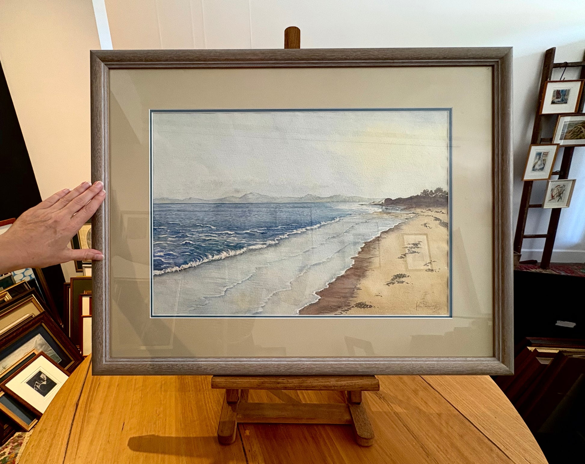 Original watercolour painting, John Flexmore, coastal scene, vintage framed art