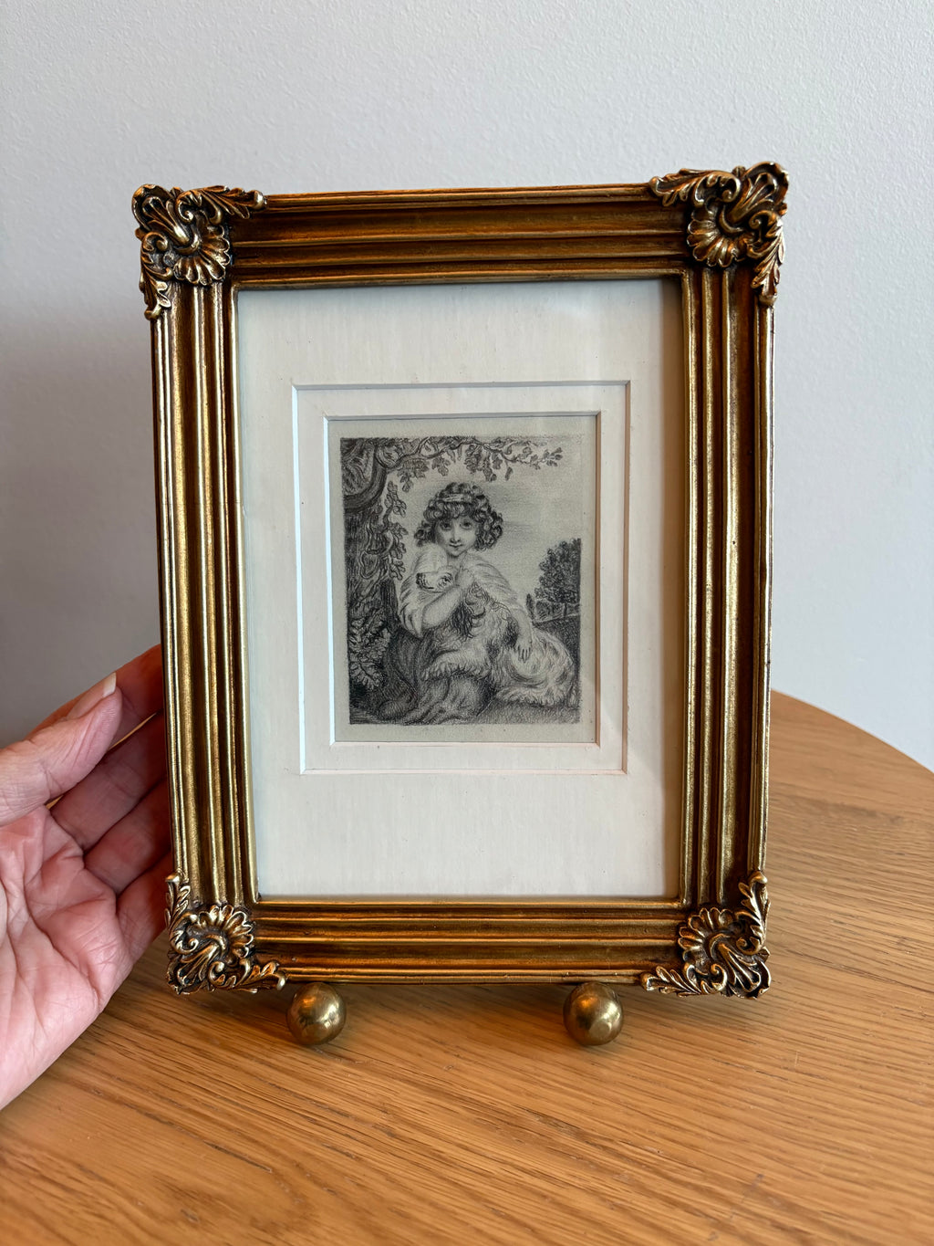 1830's Georgian original pencil drawing painting, Mary-Anne Glasscott, girl with dog