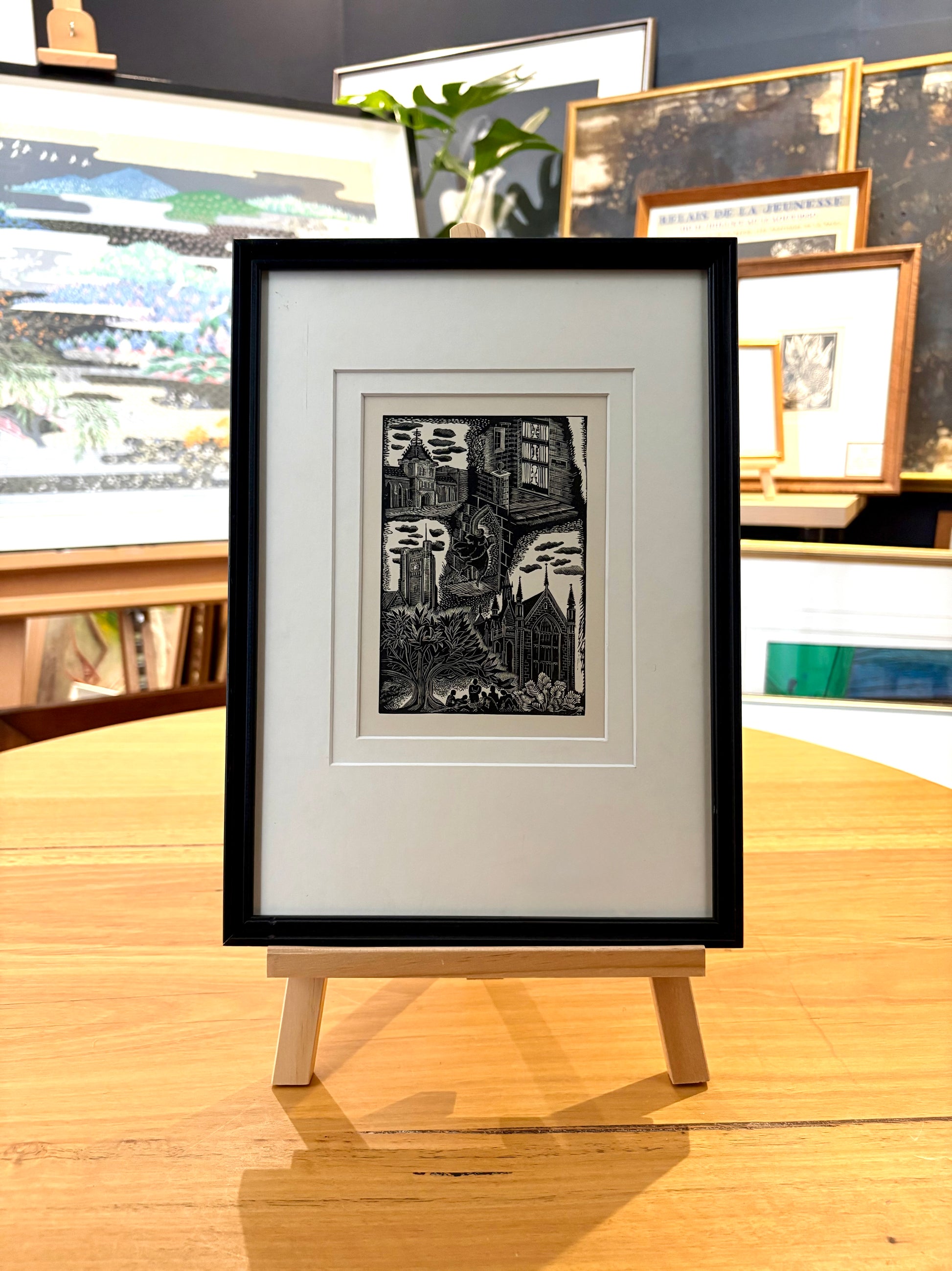 Original Helen Ogilvie woodblock print "Melbourne University", framed art, Architecture, Australian artwork