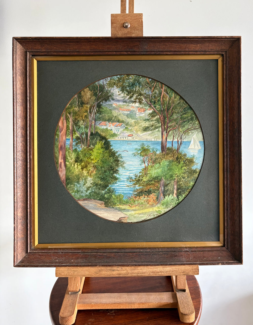 1908 original antique painting, Frederick Briar, Mosman NSW, yacht, framed art
