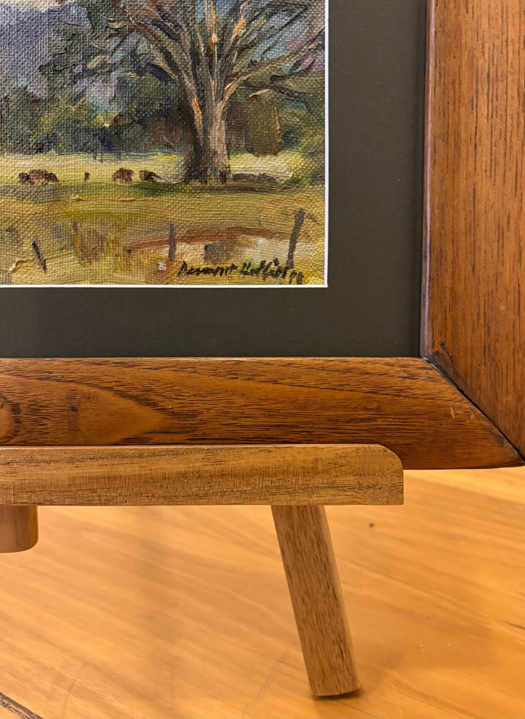 Mid Century original oil painting, Dermont Hellier, Australian bush, cows, framed art