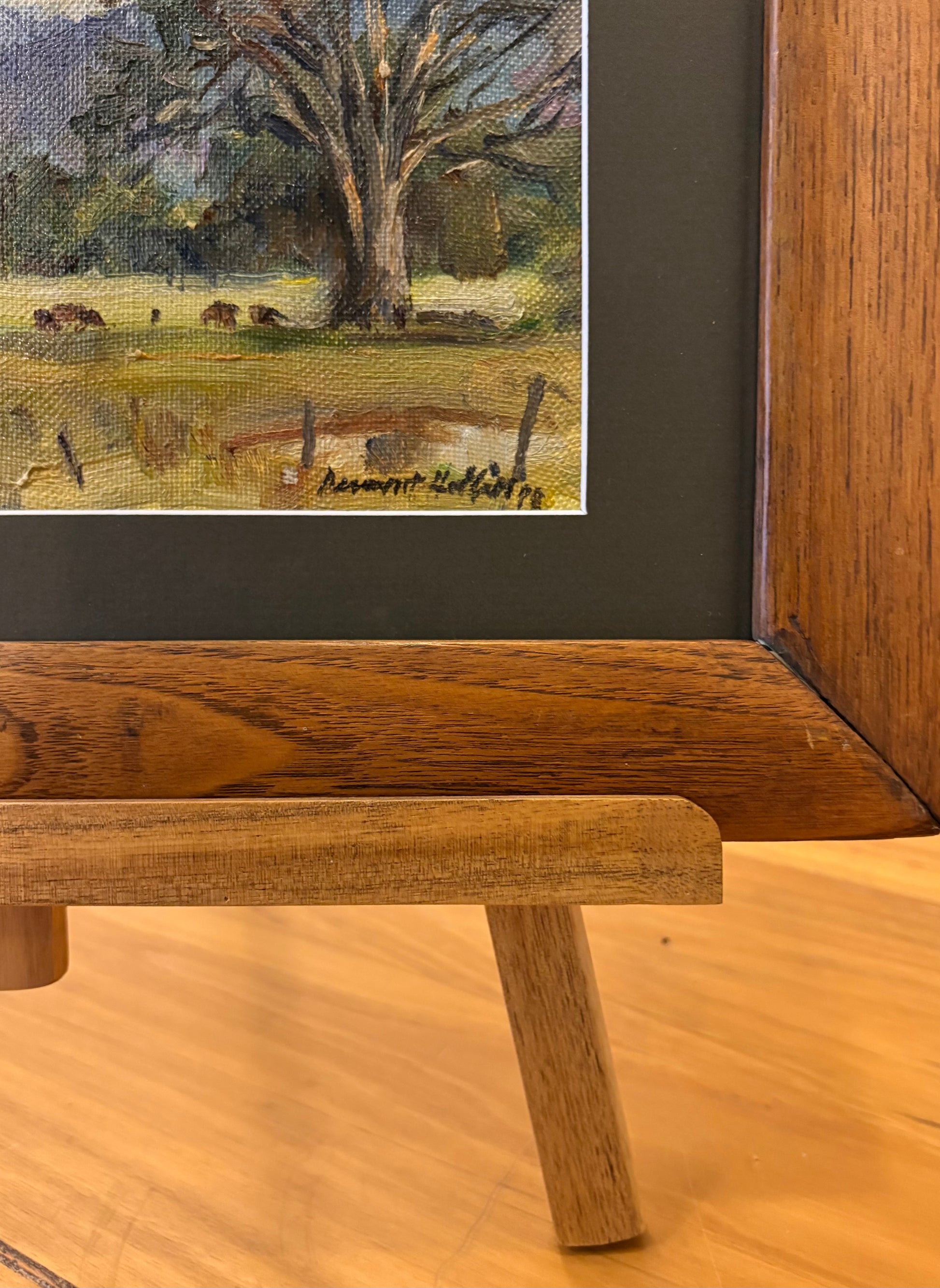 Mid Century original oil painting, Dermont Hellier, Australian bush, cows, framed art