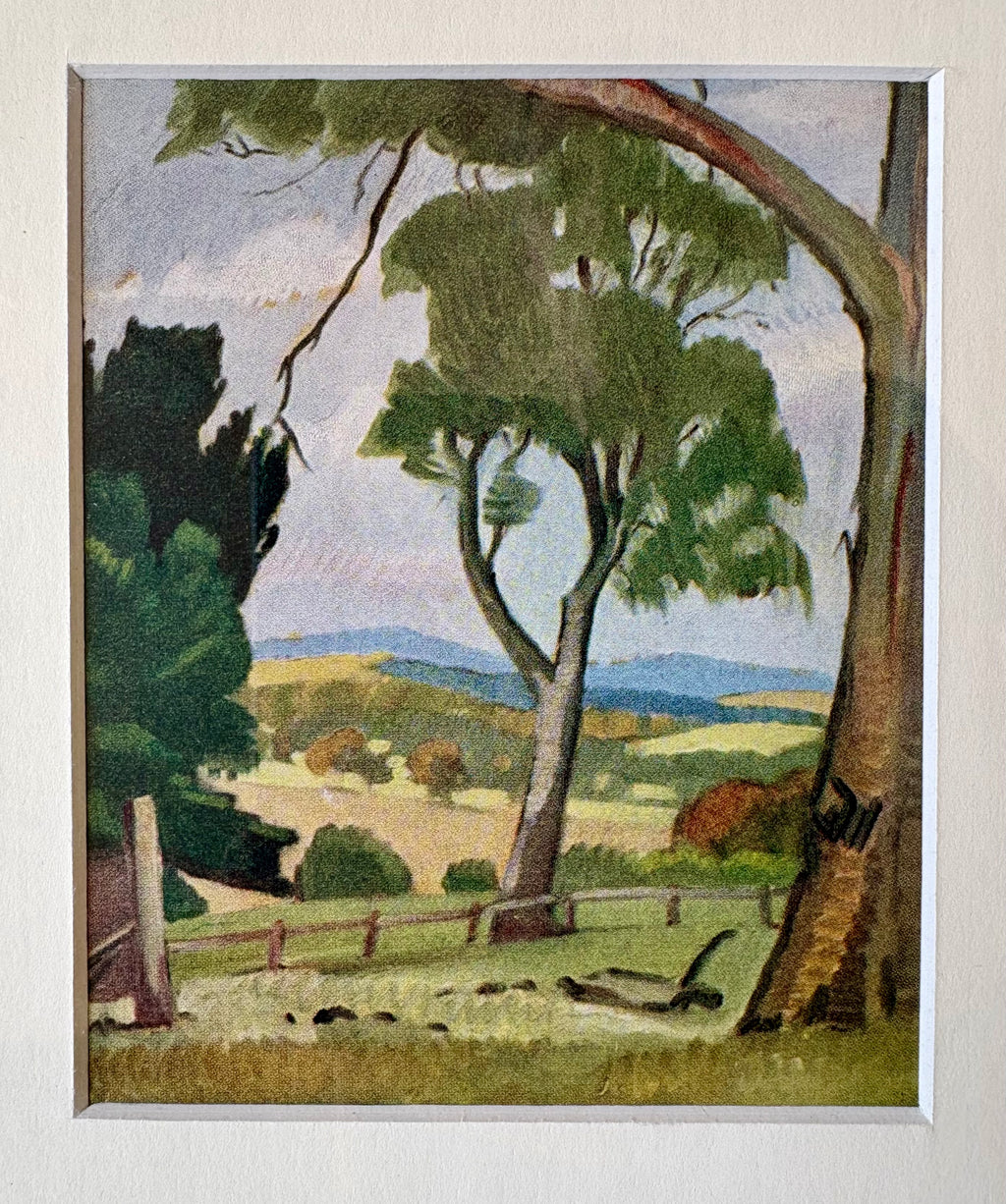 Miniature 1926 antique print, Australian landscape, framed vintage art