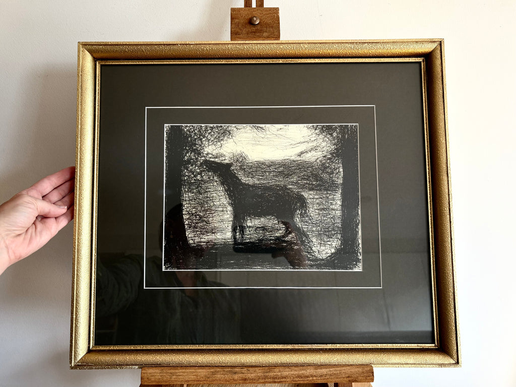 1928 Rare antique print, French, Seurat, drawing, framed art, foal, horse