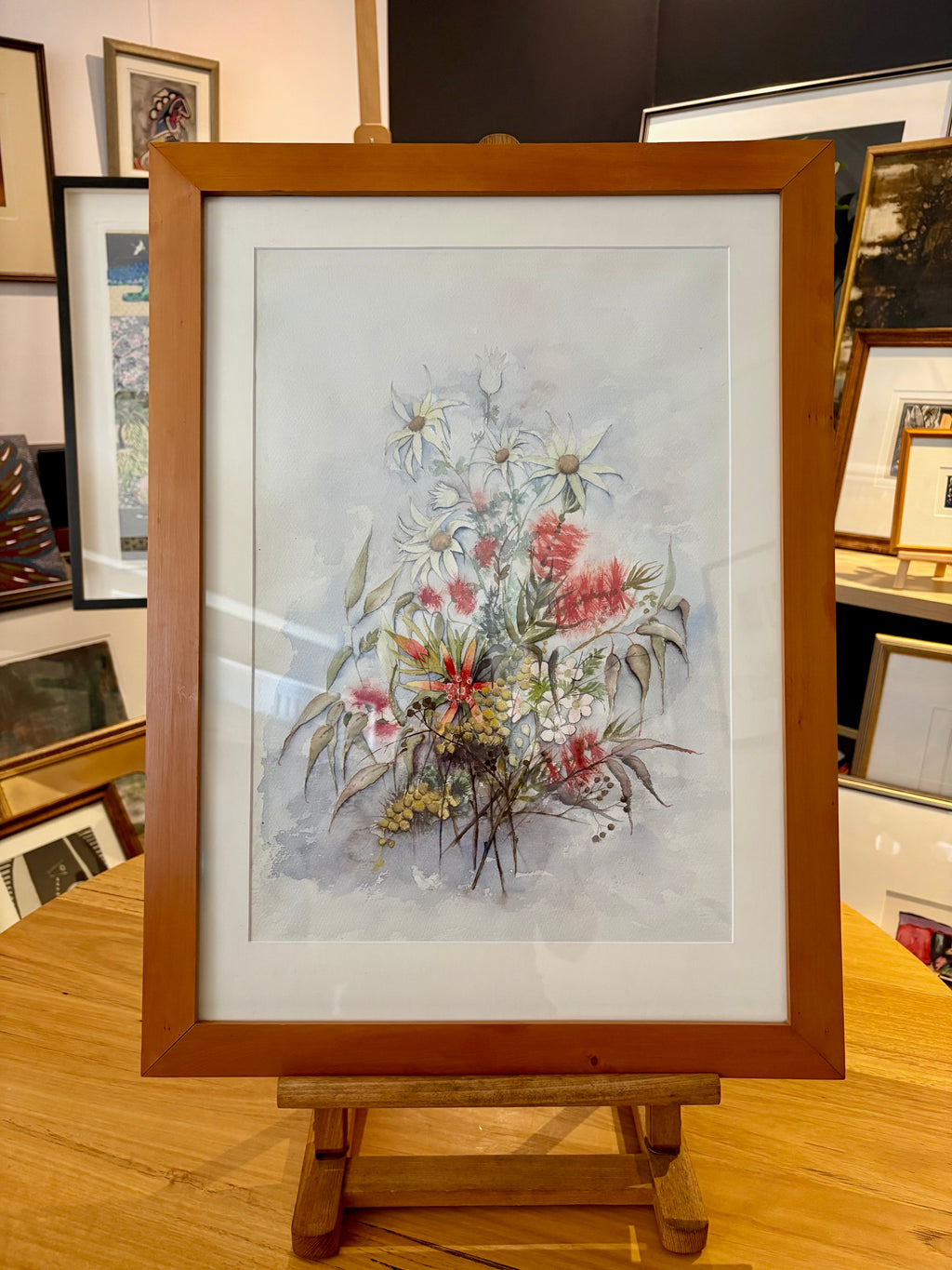 Original watercolour painting, native Australian flowers, Huon Pine frame, vintage