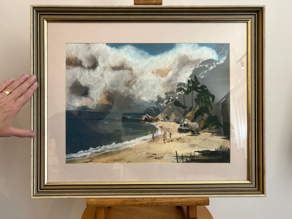Original pastel drawing, Eden coast, bush fire, framed vintage Australian landscape artwork
