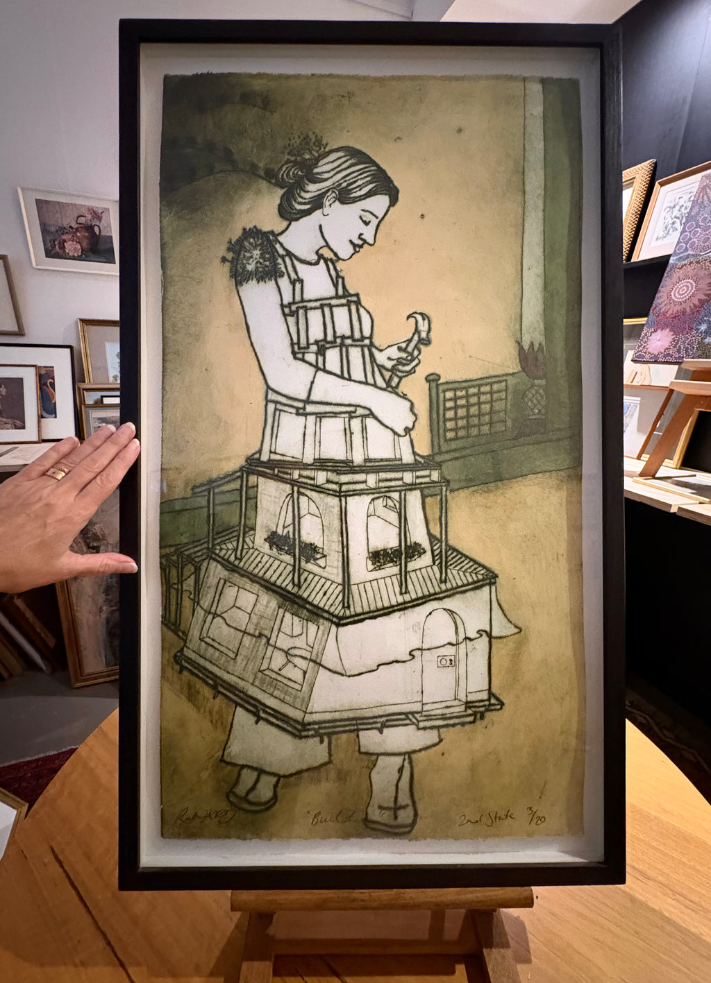 Large original hand coloured etching 3/20, Mandy Renard, “Builder”, framed art
